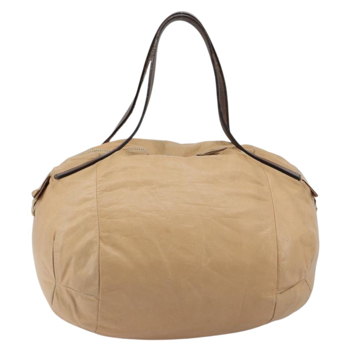 CELINE Hand Bag Leather Beige Gold Auth 188555