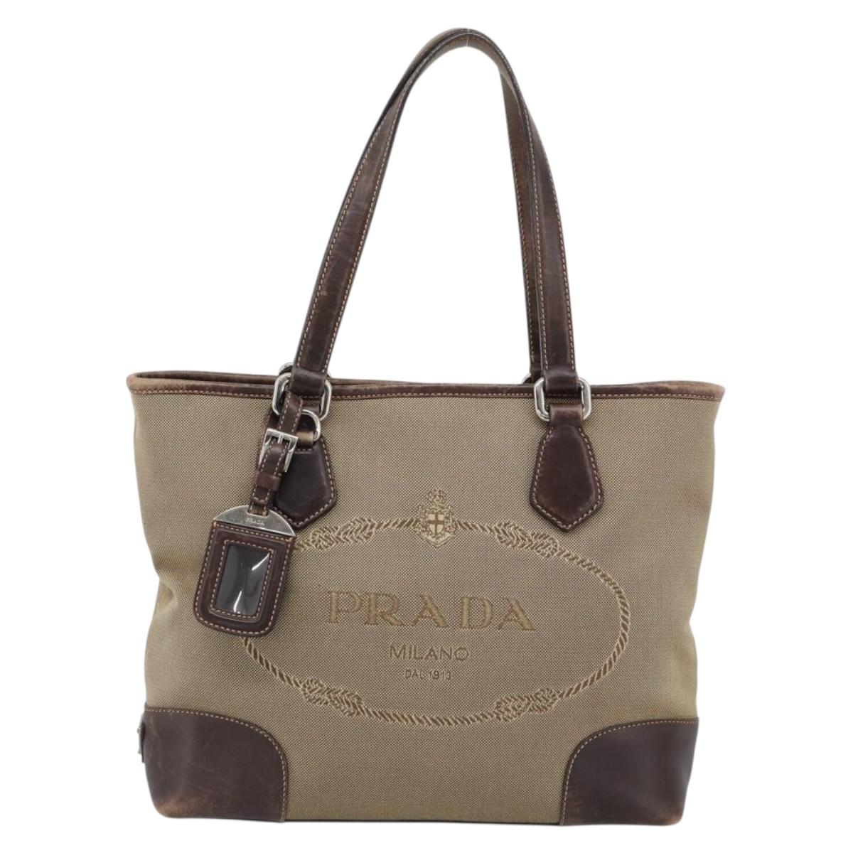 PRADA Hand Bag Canvas Beige Silver Auth 188564