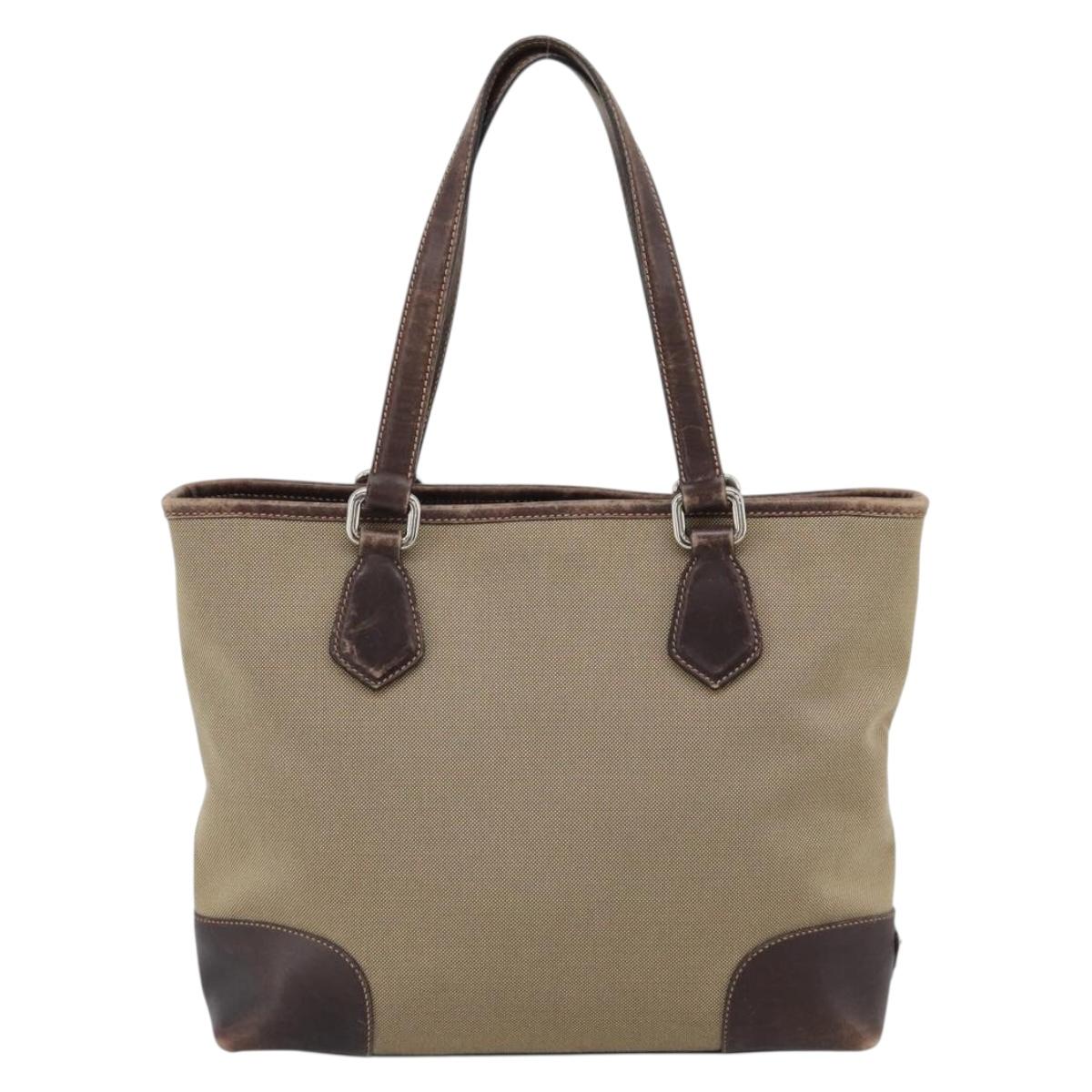 PRADA Hand Bag Canvas Beige Silver Auth 188564