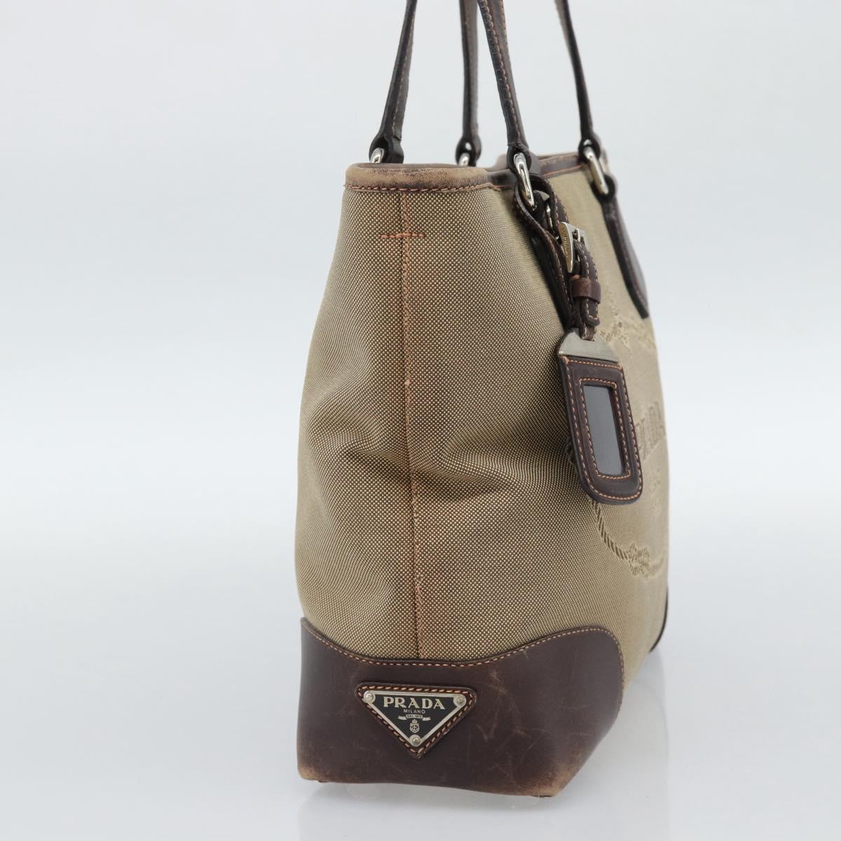 PRADA Hand Bag Canvas Beige Silver Auth 188564