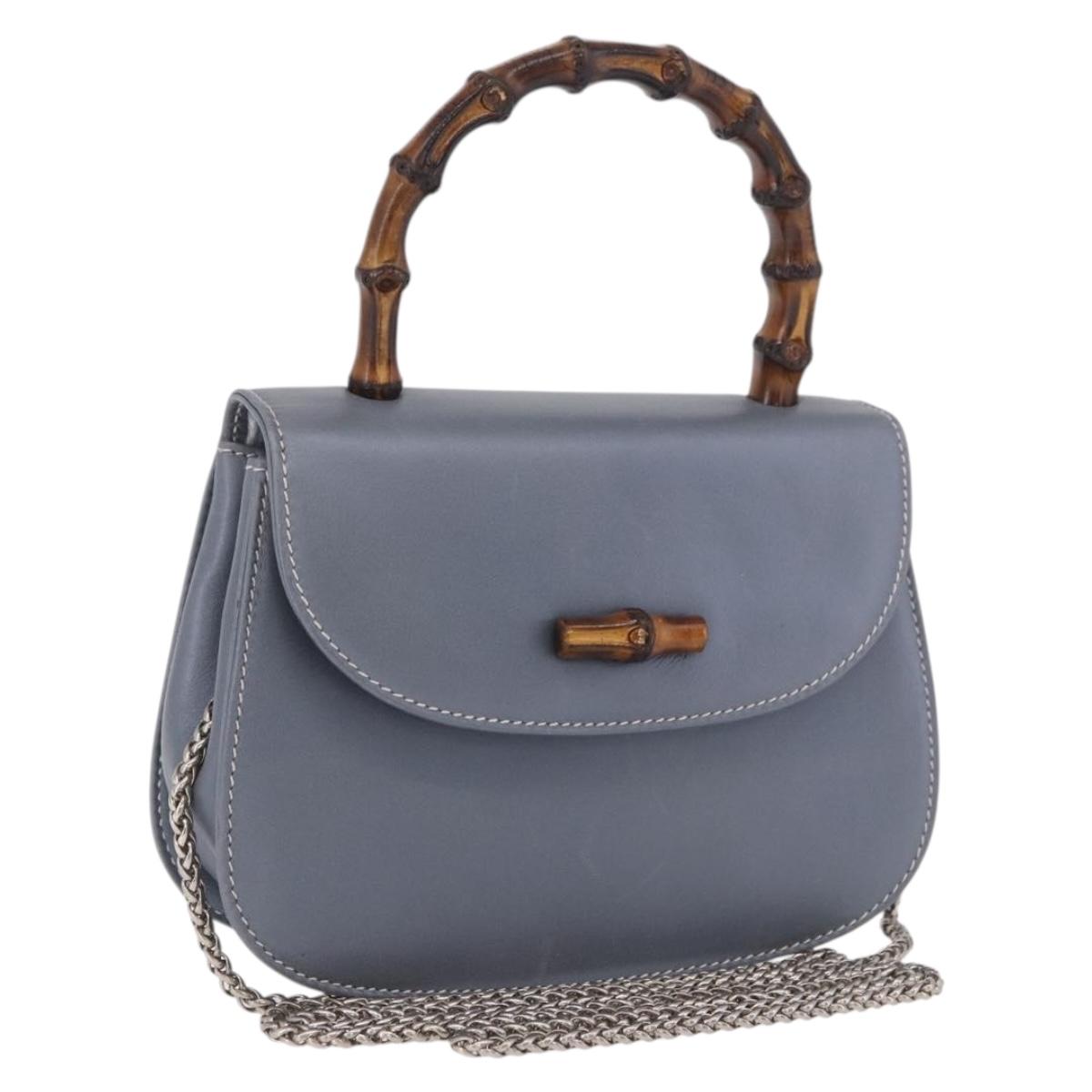 GUCCI Bamboo Hand Bag Leather 2way Light Blue Silver Auth 188593A