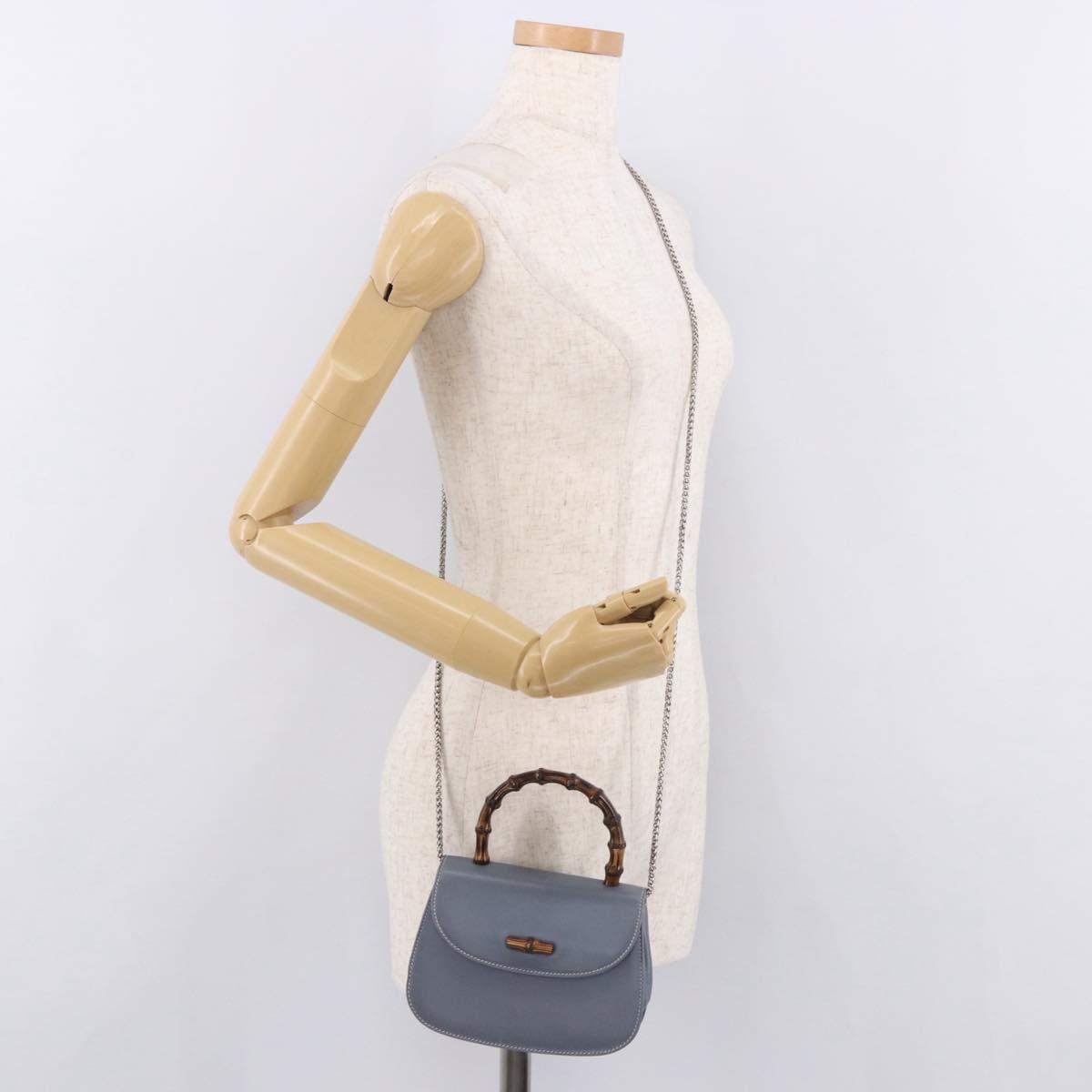 GUCCI Bamboo Hand Bag Leather 2way Light Blue Silver Auth 188593A