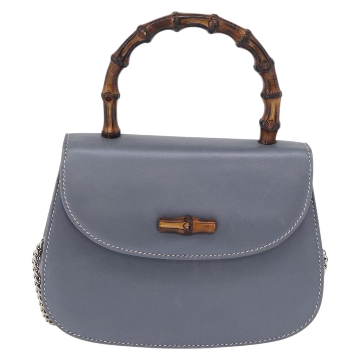 GUCCI Bamboo Hand Bag Leather 2way Light Blue Silver Auth 188593A