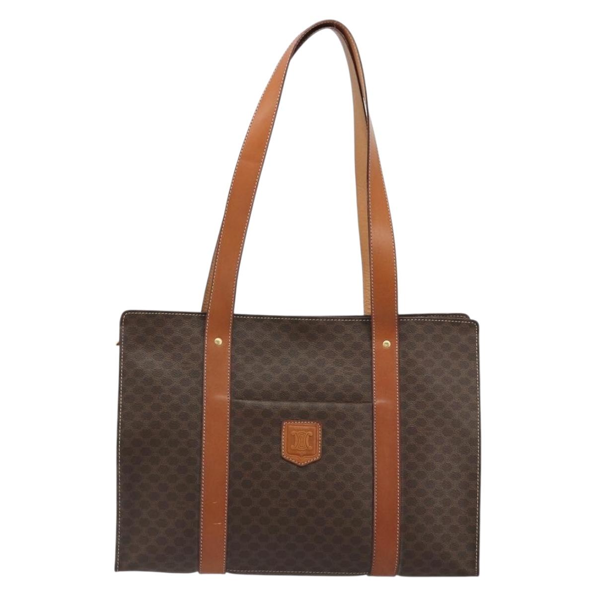 CELINE Macadam Canvas Tote Bag PVC Leather Brown Gold Auth 188607A