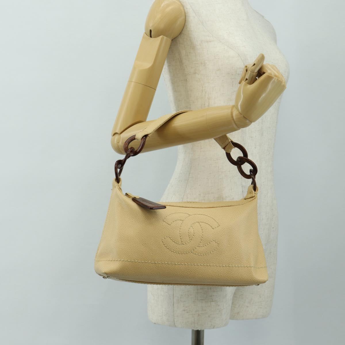 CHANEL Shoulder Bag Caviar Skin Beige Gold CC Auth 188609SAV