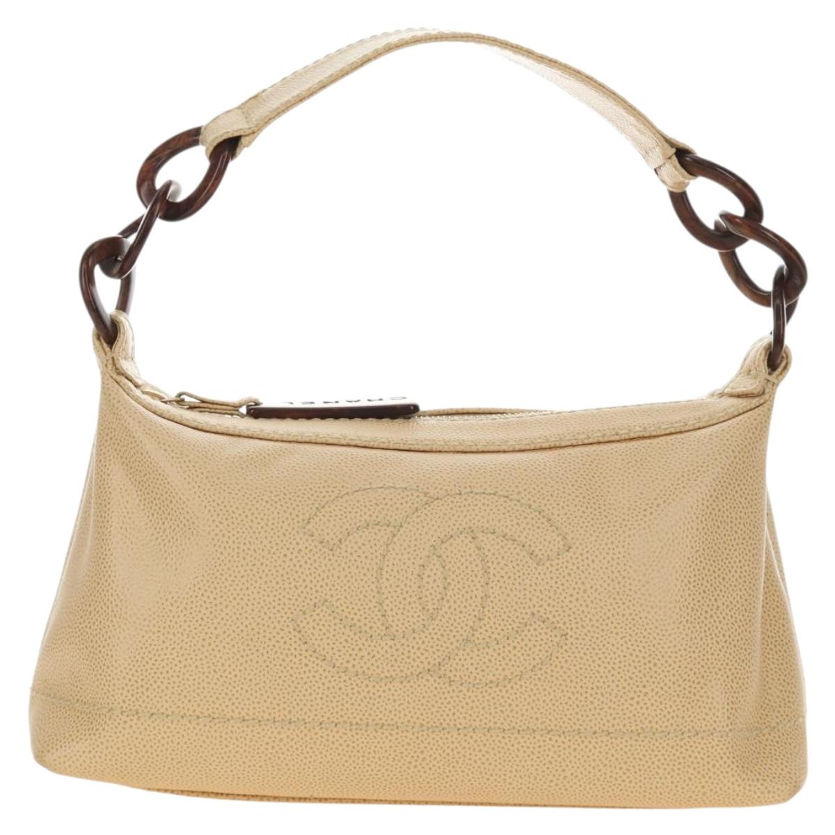CHANEL Shoulder Bag Caviar Skin Beige Gold CC Auth 188609SAV