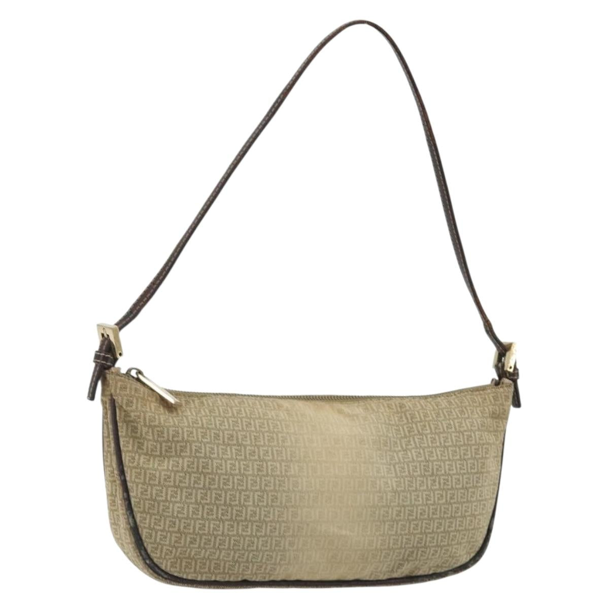 FENDI Zucchino Canvas Hand Pouch Beige Gold Auth 188611A