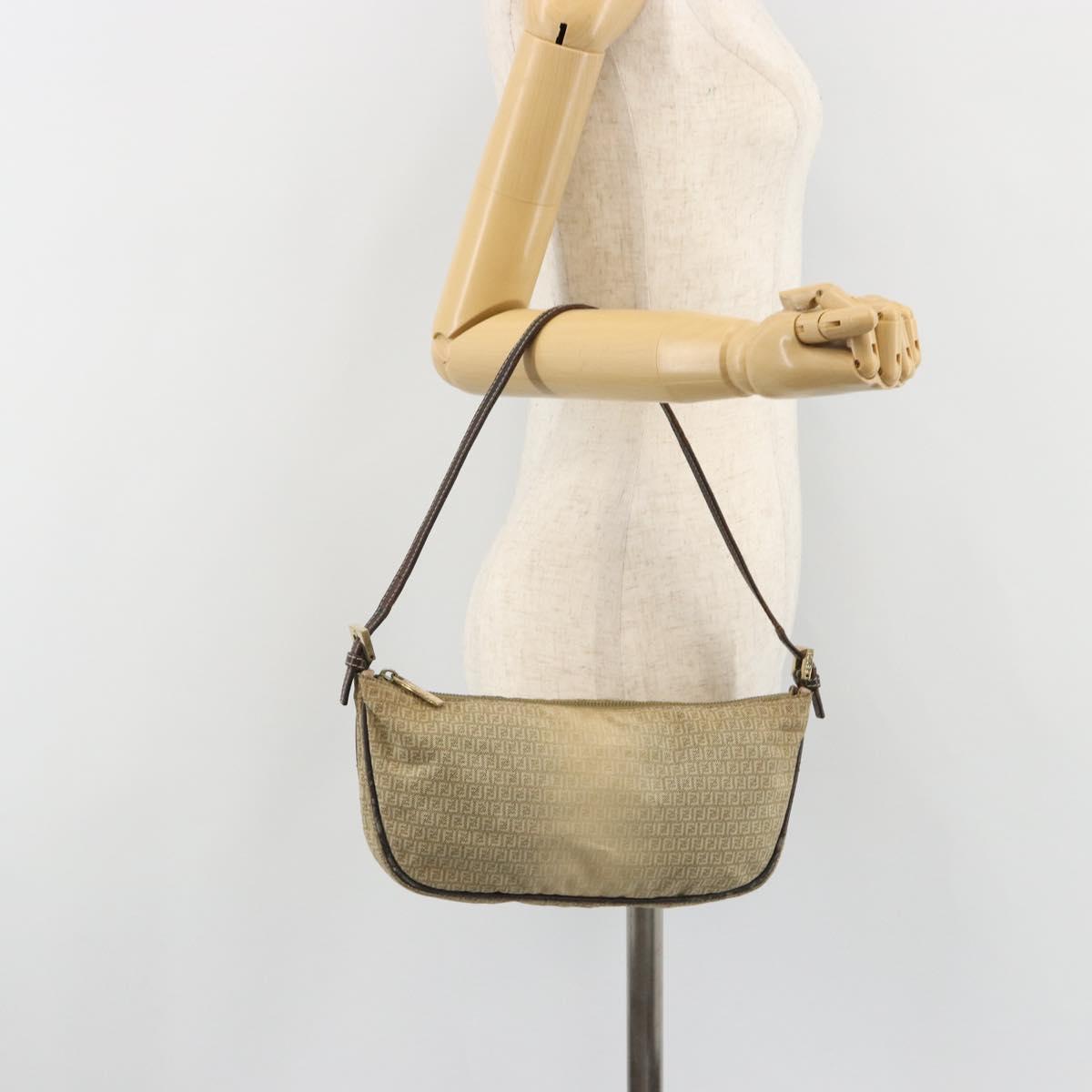 FENDI Zucchino Canvas Hand Pouch Beige Gold Auth 188611A