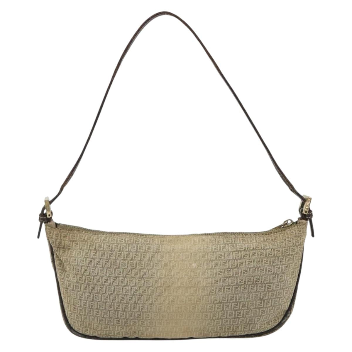 FENDI Zucchino Canvas Hand Pouch Beige Gold Auth 188611A