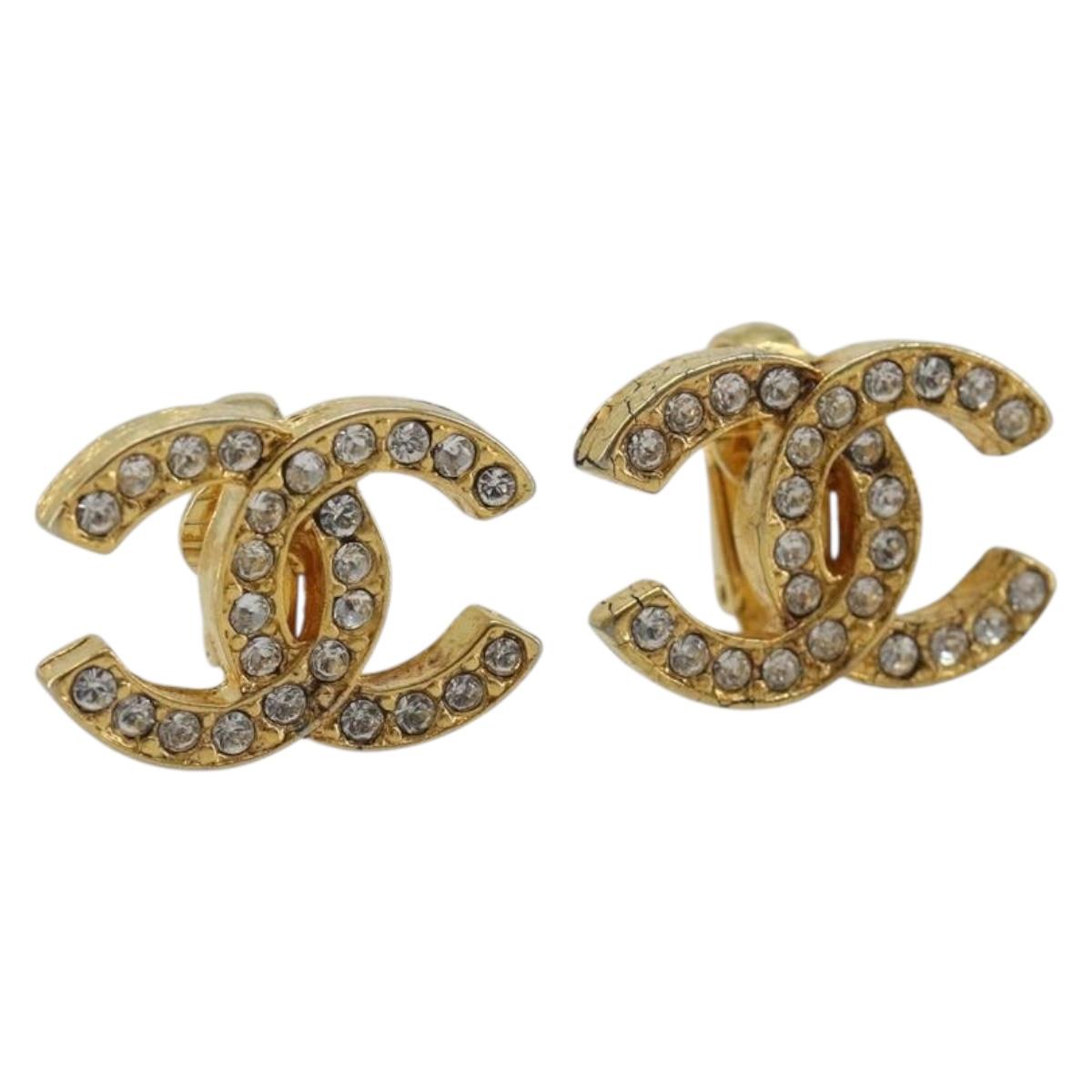 CHANEL COCO Mark Rhinestone Earring metal Gold Tone CC Auth 188626