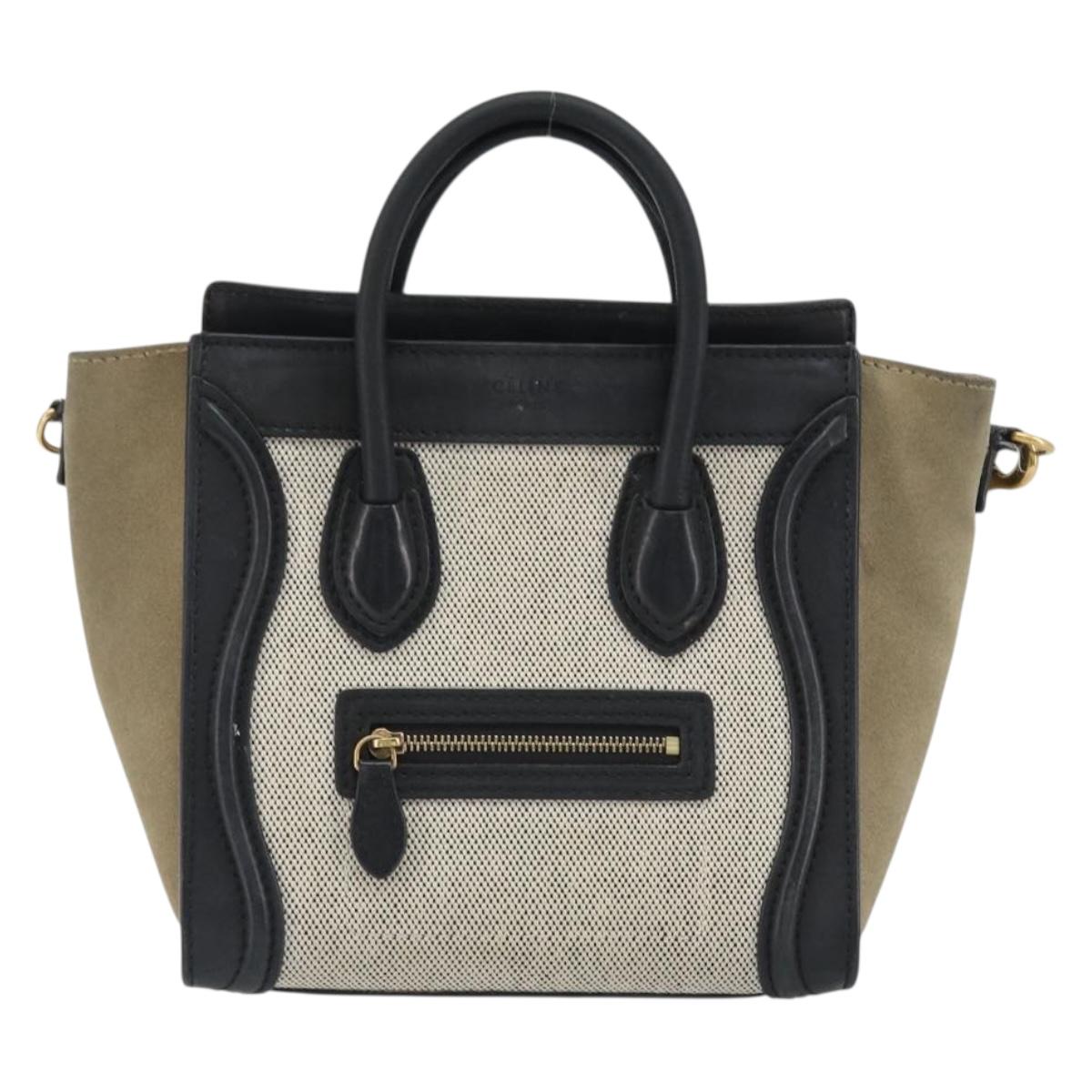 CELINE Luggage Nano Shopper Hand Bag Canvas Leather 2way Gray Gold Auth 188633A