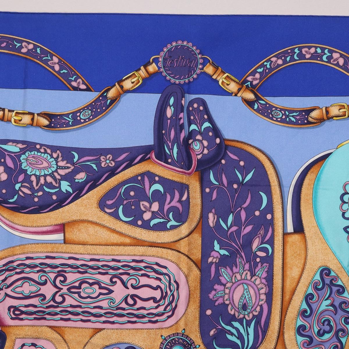HERMES Carre 90 Scarf Silk ""H d ORIGNY"" Blue Auth 188636M