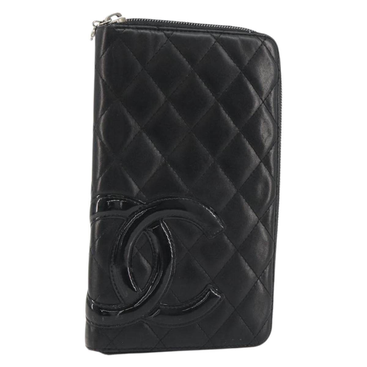 CHANEL Matelasse Cambon Line Long Wallet Leather Black Silver CC Auth 188663