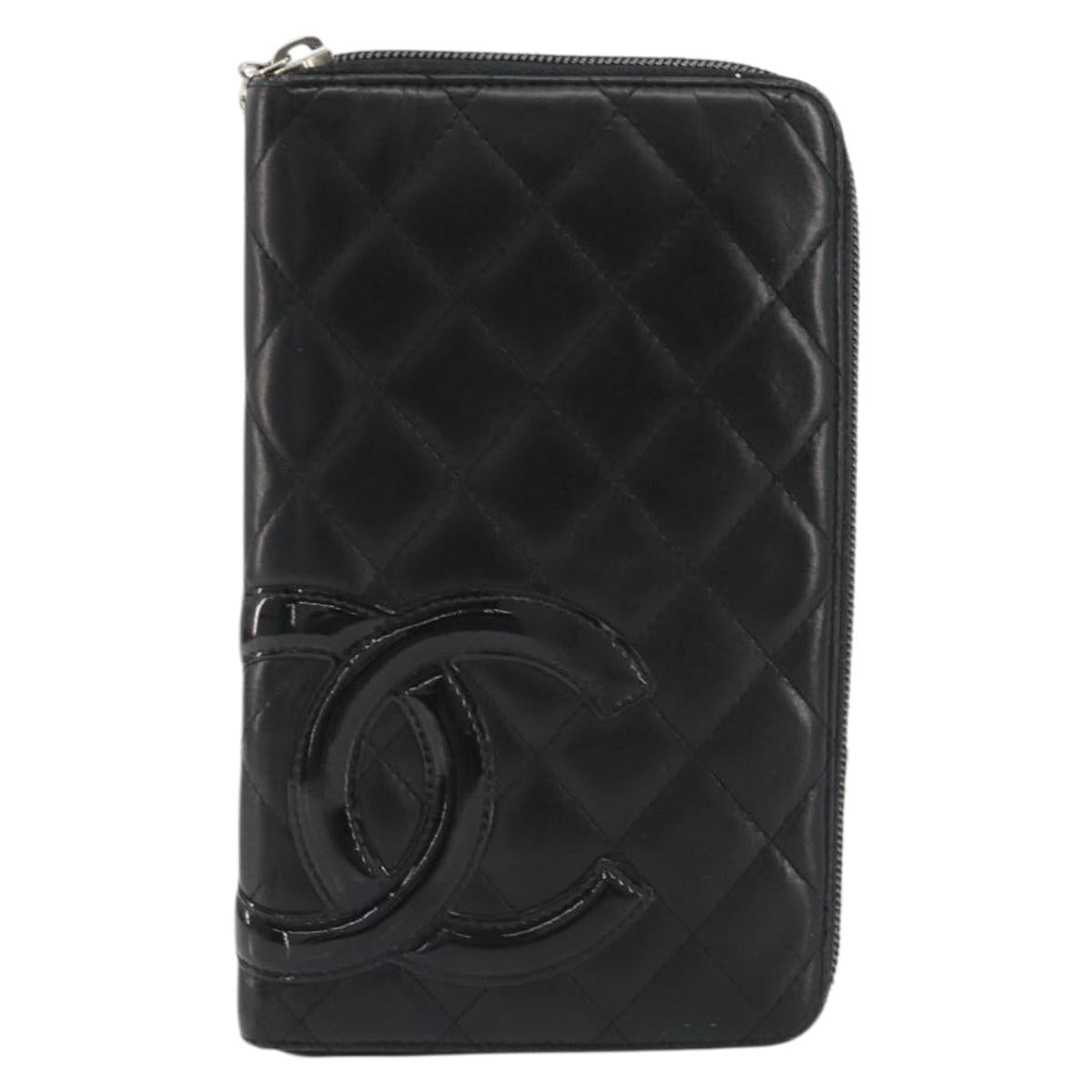 CHANEL Matelasse Cambon Line Long Wallet Leather Black Silver CC Auth 188663