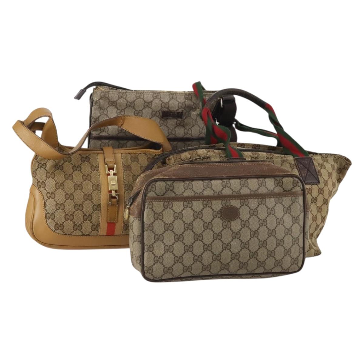 GUCCI GG Supreme GG Canvas Web Sherry Line Bag PVC 4 Set Beige Auth 188688