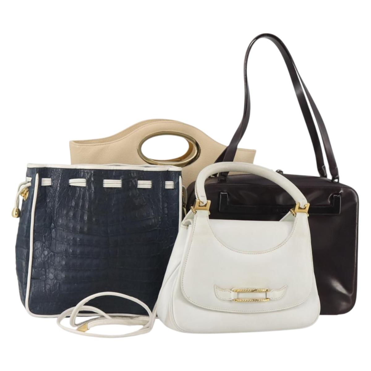 GUCCI Shoulder Bag Leather 4 Set Navy Beige white Auth 188689