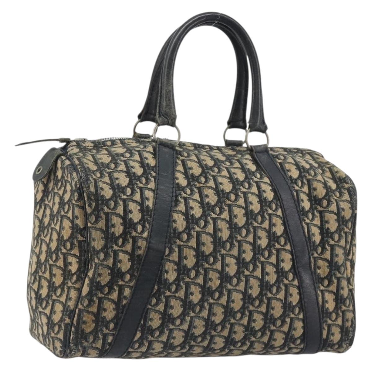 Christian Dior Trotter Canvas Boston Bag Navy Silver Auth 188692