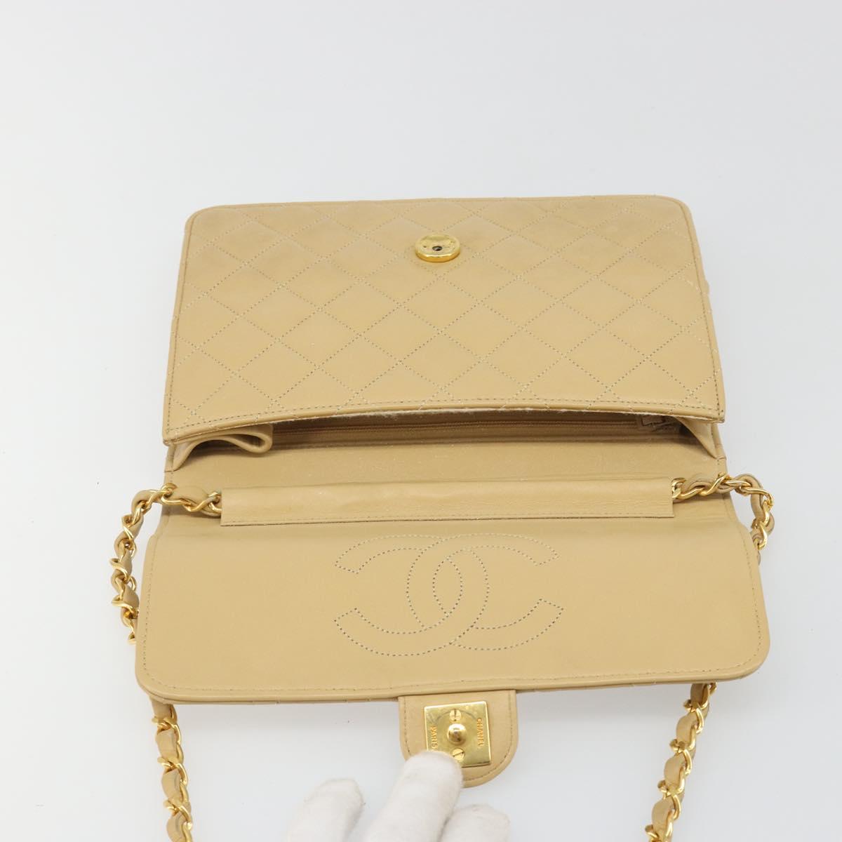 CHANEL Matelasse Chain Shoulder Bag Lamb Skin Beige Gold CC Auth 188721