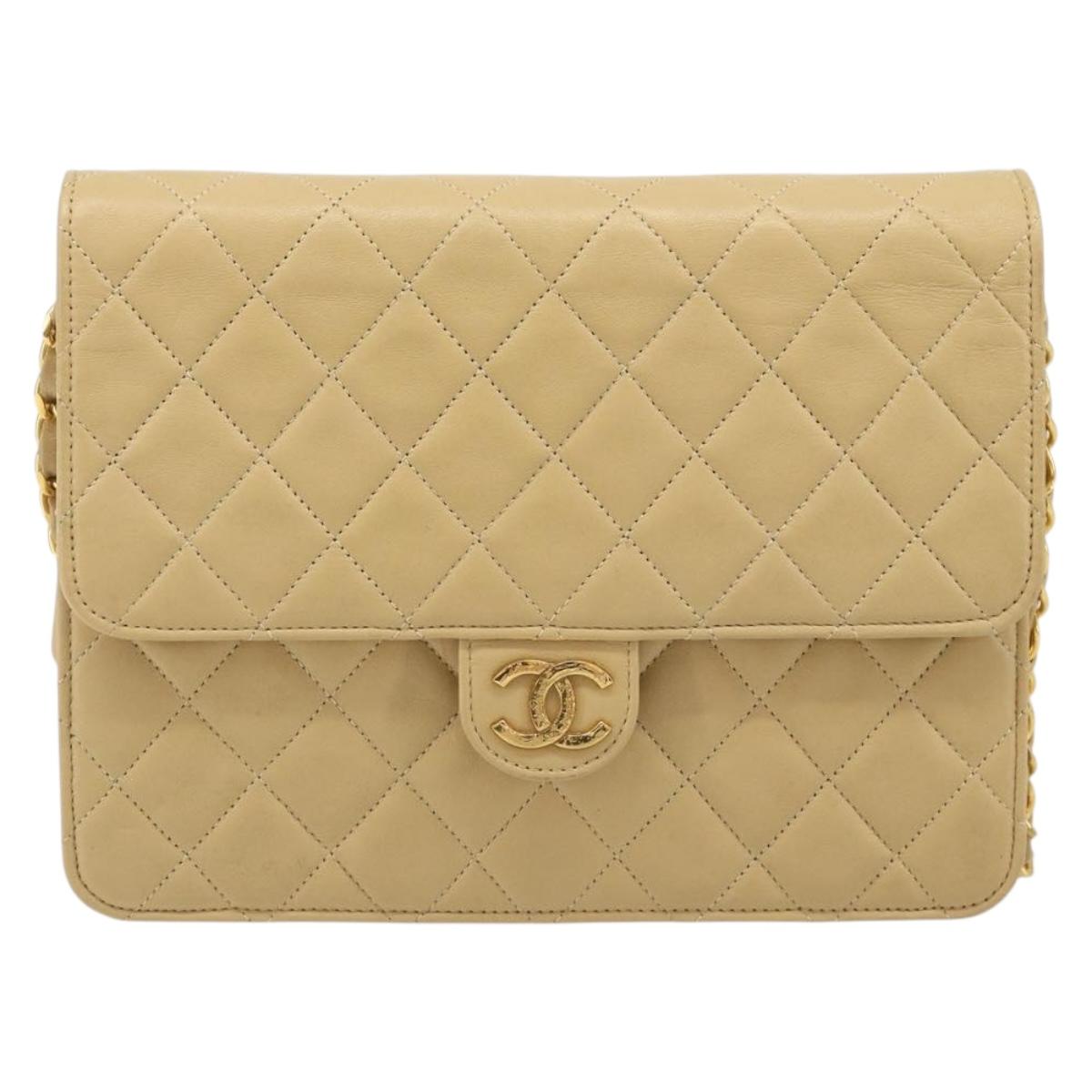 CHANEL Matelasse Chain Shoulder Bag Lamb Skin Beige Gold CC Auth 188721
