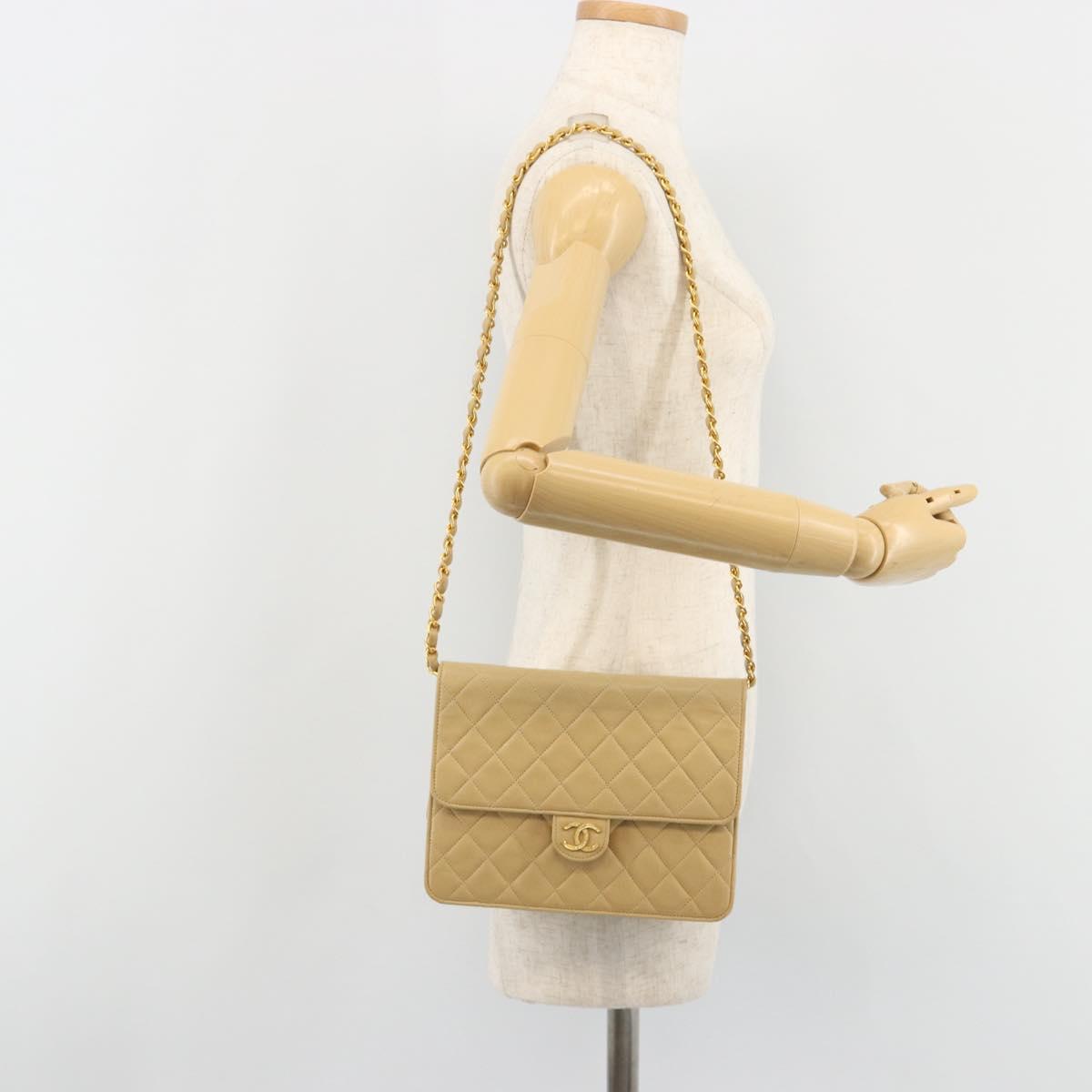 CHANEL Matelasse Chain Shoulder Bag Lamb Skin Beige Gold CC Auth 188721