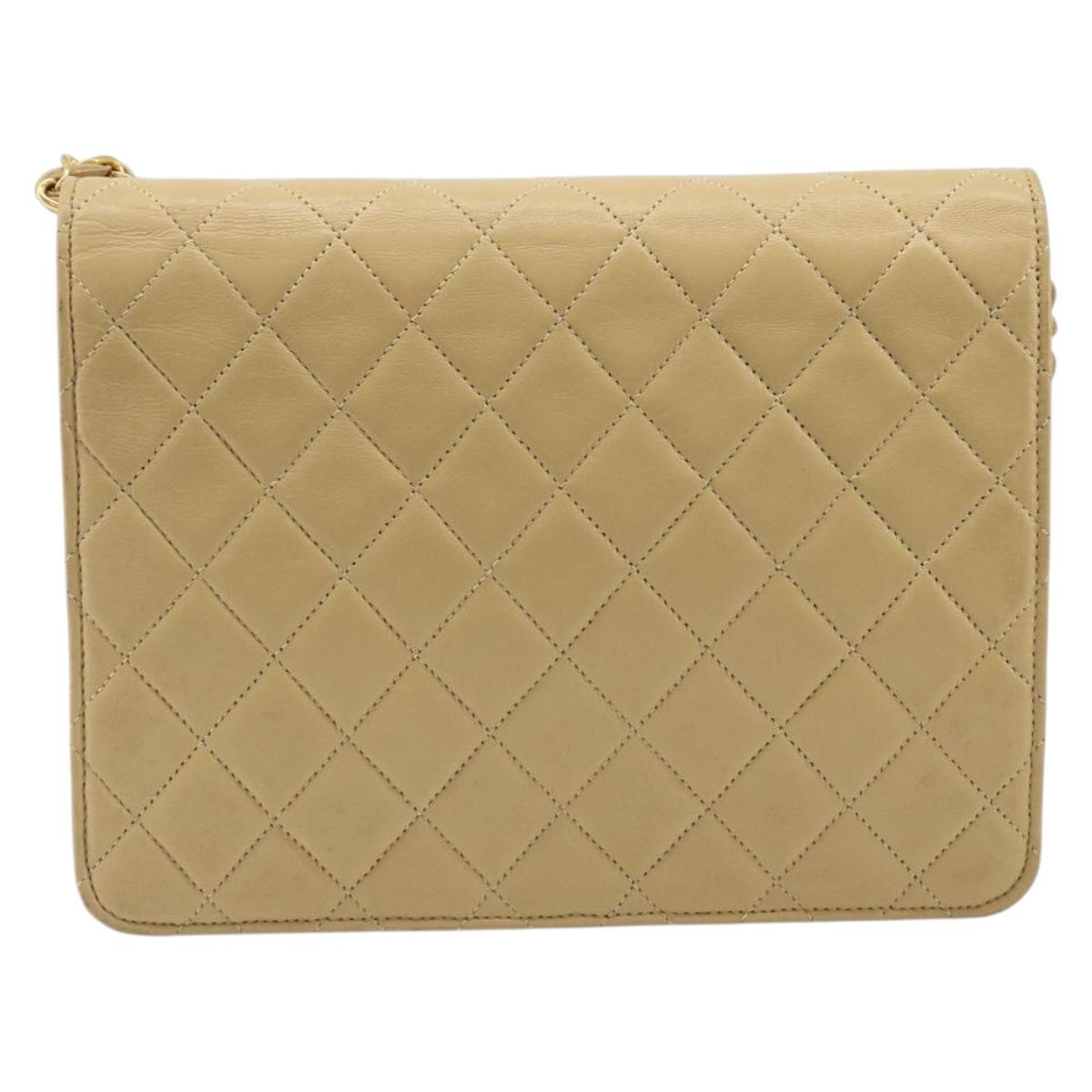 CHANEL Matelasse Chain Shoulder Bag Lamb Skin Beige Gold CC Auth 188721