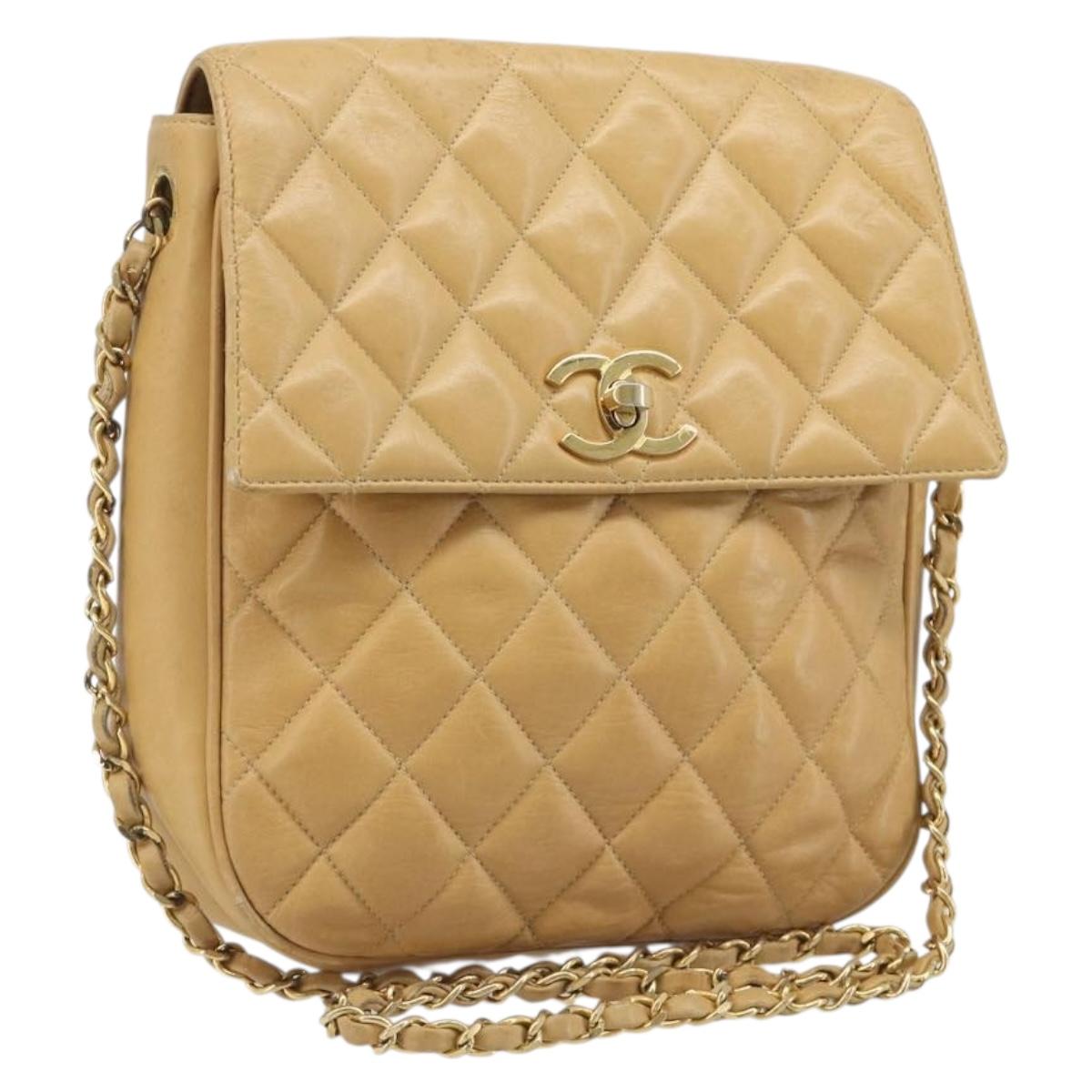 CHANEL Matelasse Chain Shoulder Bag Leather Beige Gold CC Auth 188722