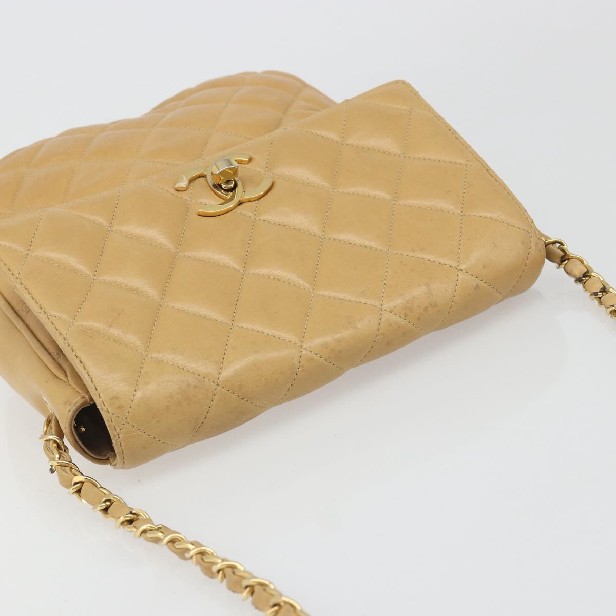 CHANEL Matelasse Chain Shoulder Bag Leather Beige Gold CC Auth 188722