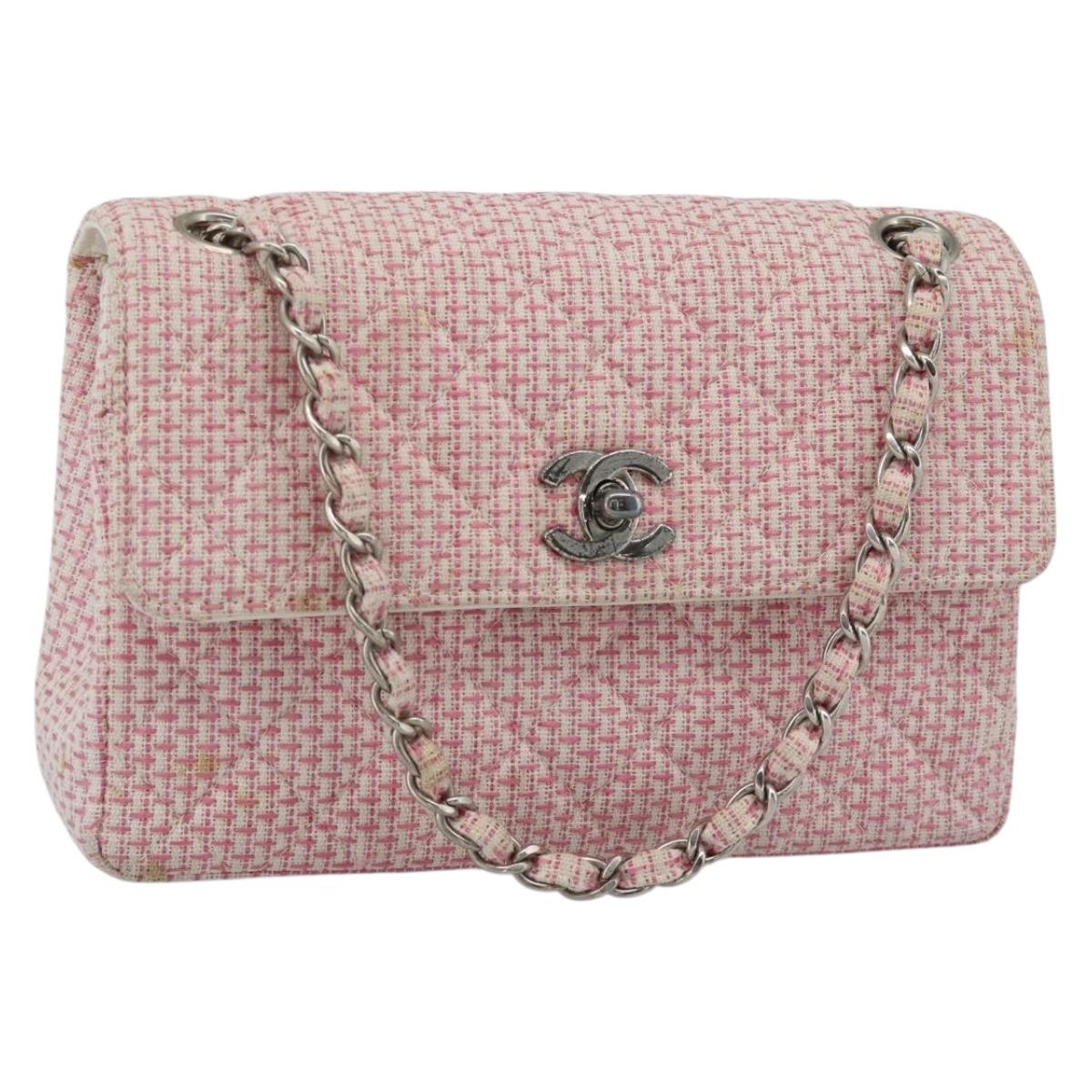 CHANEL Matelasse Chain Shoulder Bag Canvas Pink Silver CC Auth 188723V
