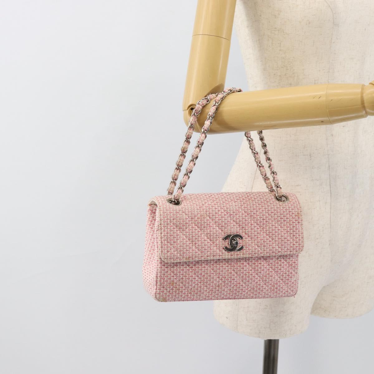 CHANEL Matelasse Chain Shoulder Bag Canvas Pink Silver CC Auth 188723V