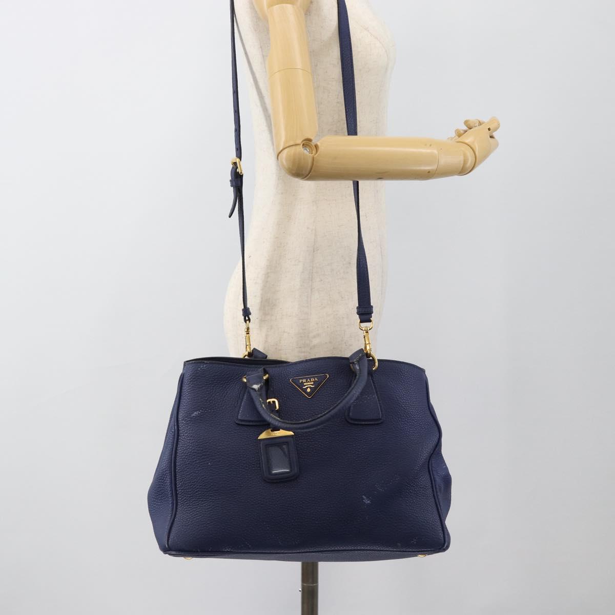PRADA Hand Bag Vittero Dino Leather 2way Blue Gold Auth 188726