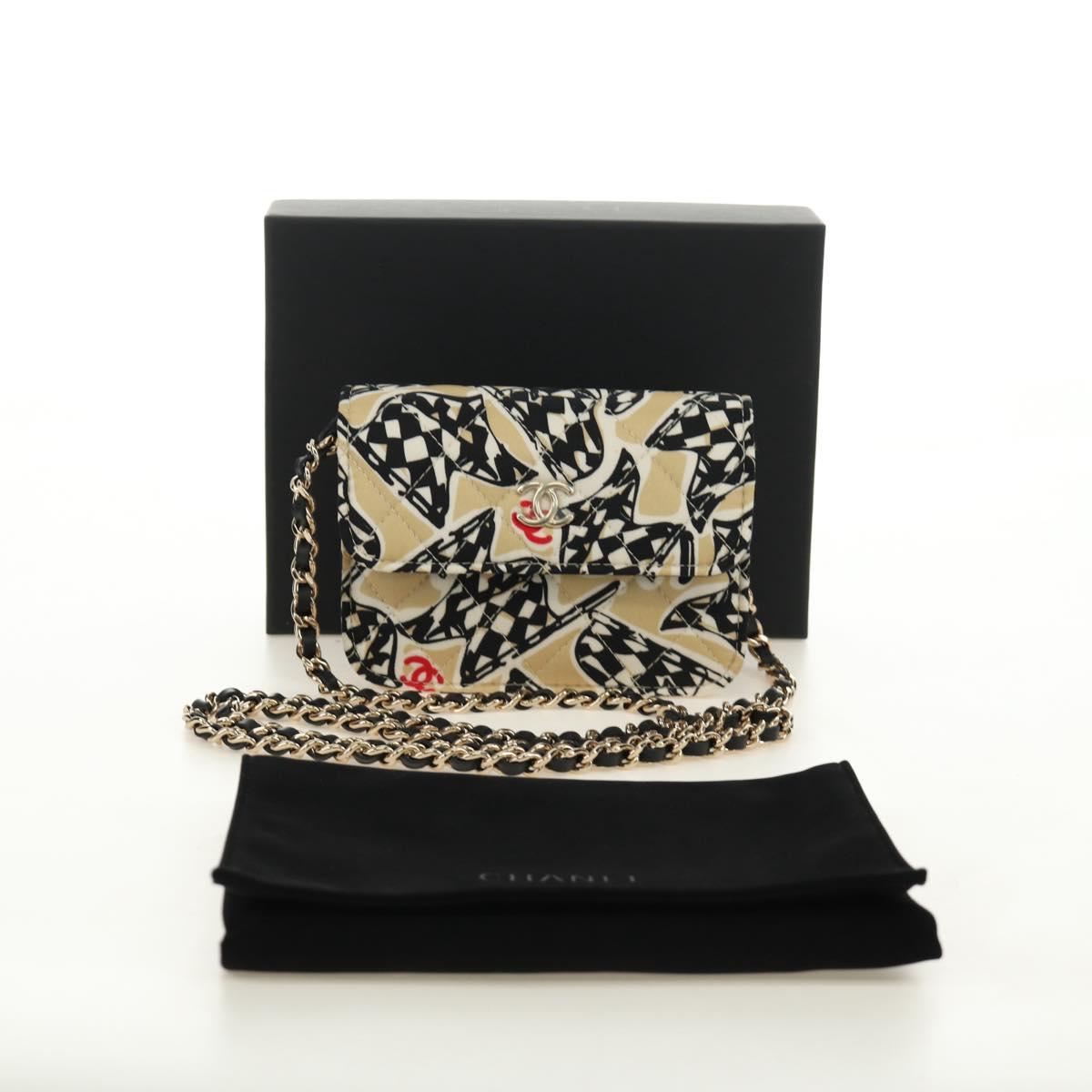 CHANEL Mini Matelasse Chain Shoulder Pouch Satin Beige Silver CC Auth 188736M