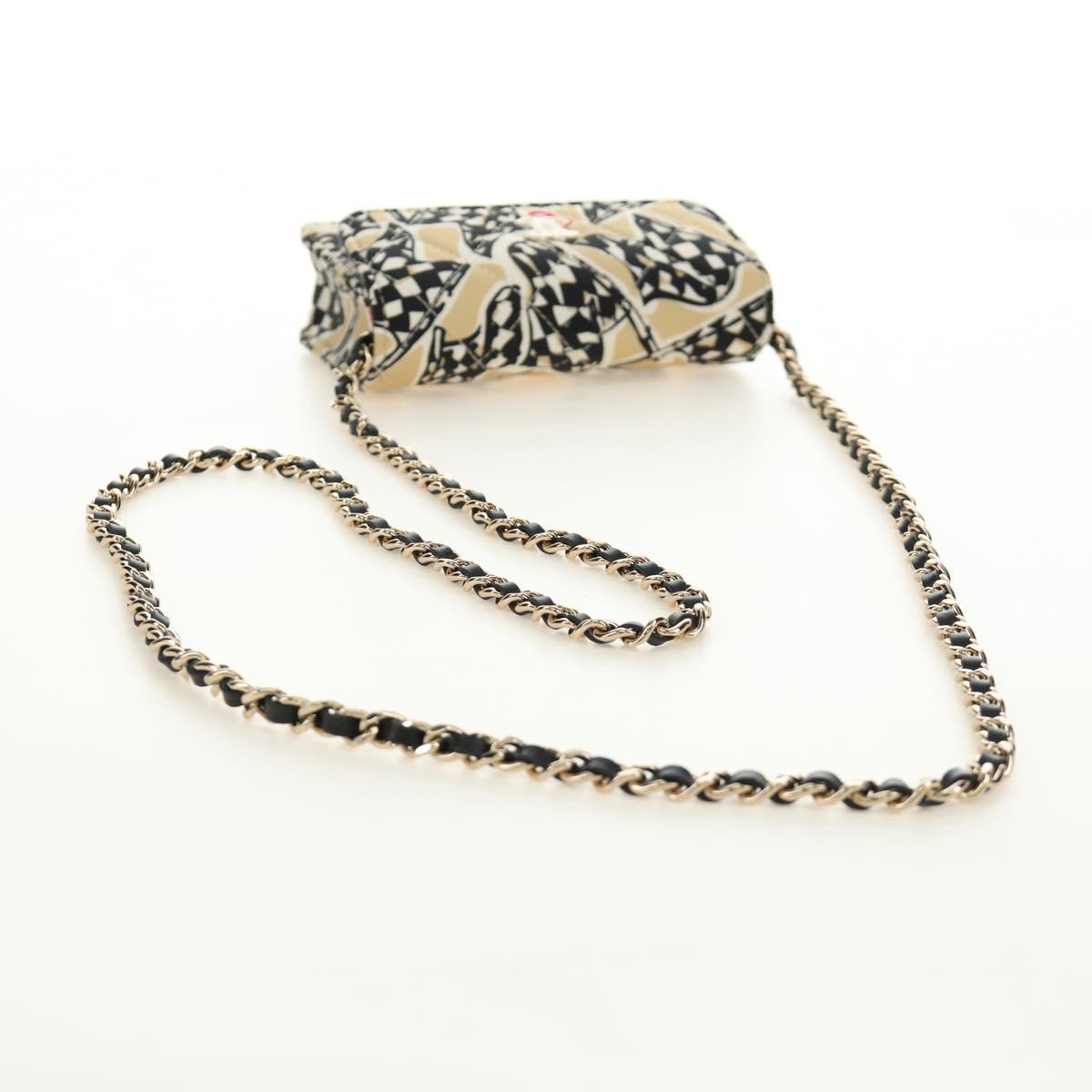 CHANEL Mini Matelasse Chain Shoulder Pouch Satin Beige Silver CC Auth 188736M