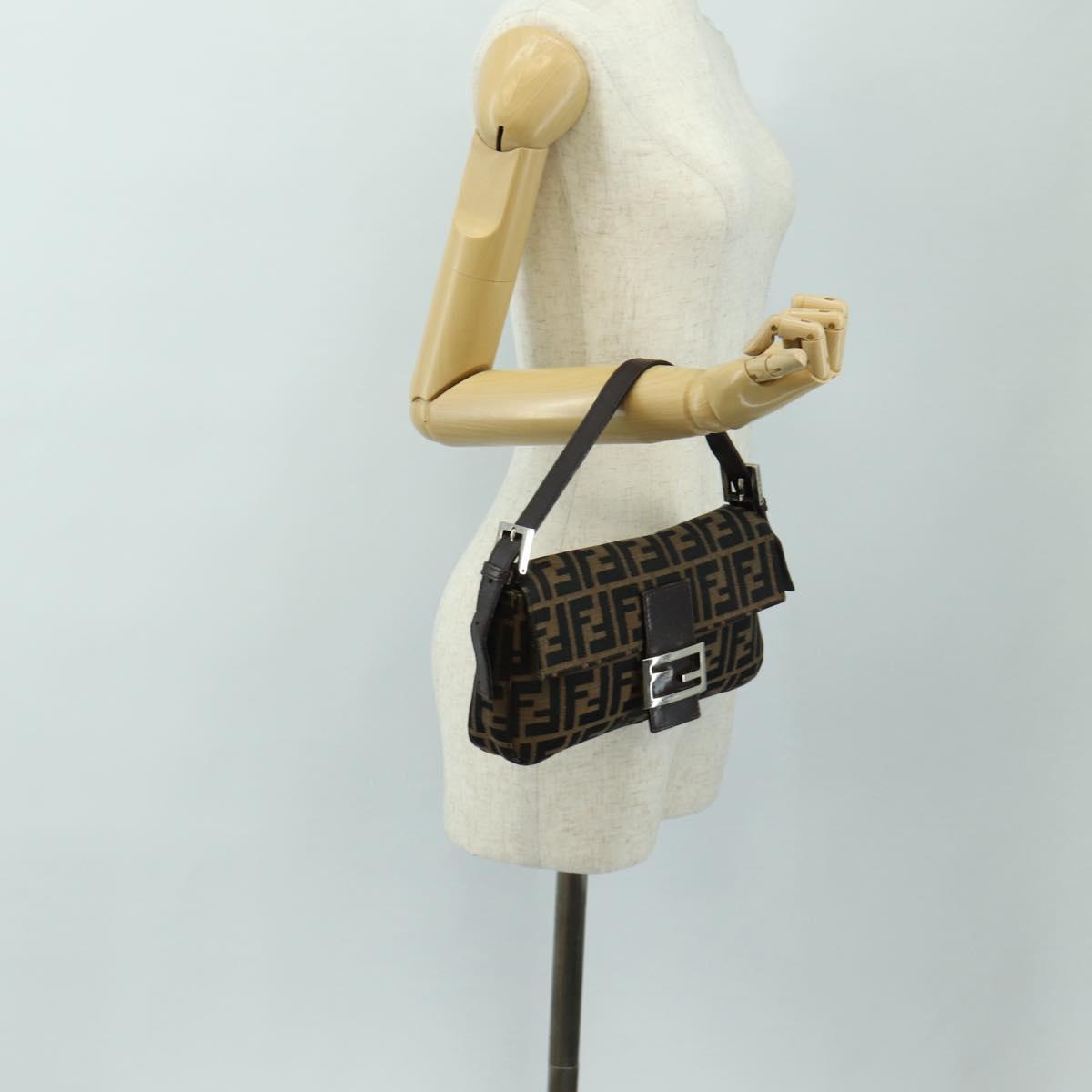 FENDI Zucca Canvas Mamma Baguette Shoulder Bag Black Brown Auth 188756SAM
