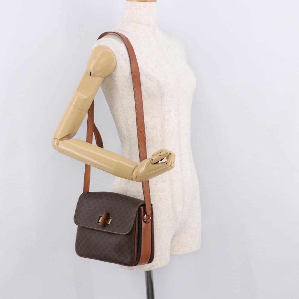 CELINE Macadam Canvas Shoulder Bag PVC Leather Brown Gold Auth 188782