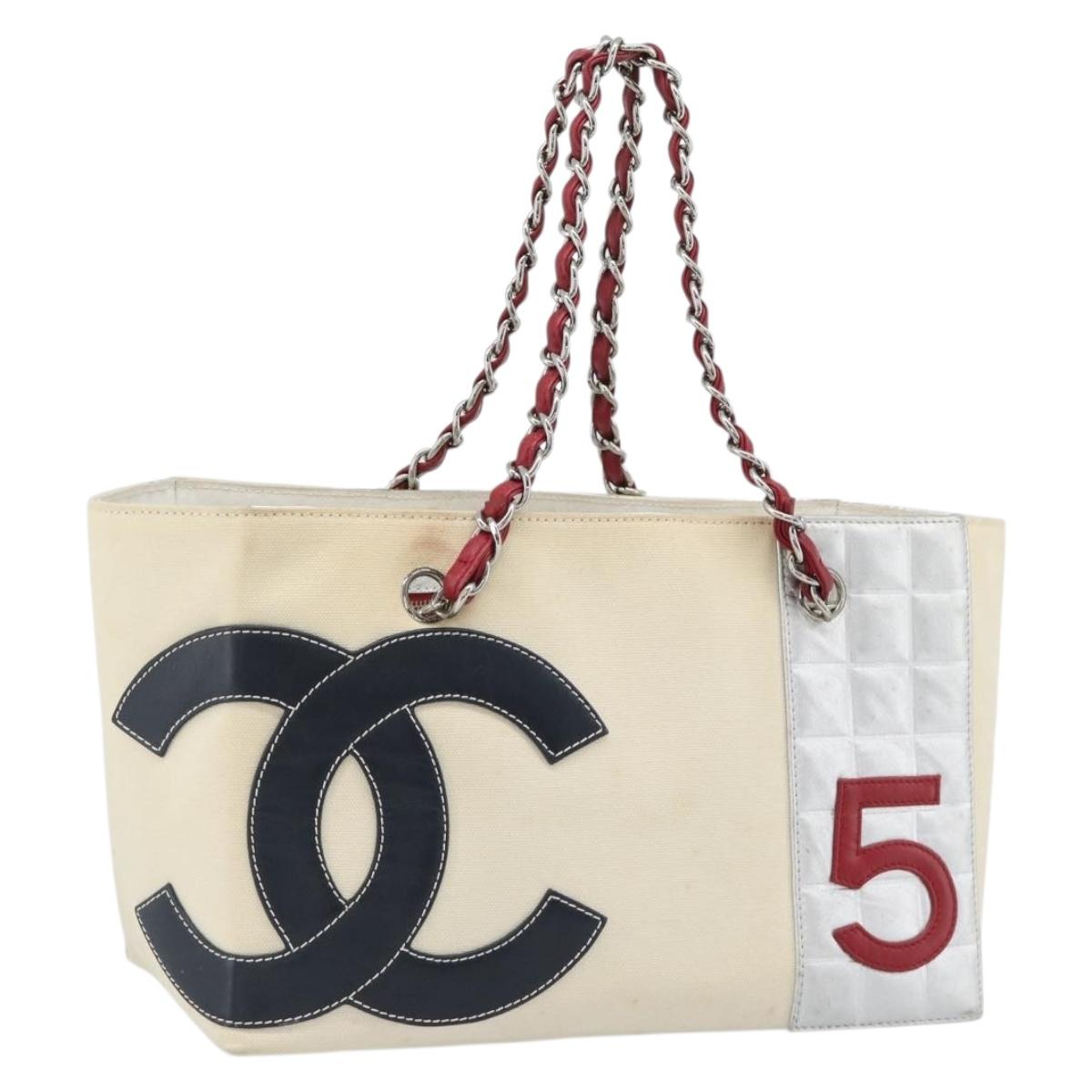 CHANEL Choco Bar Chain Shoulder Tote Bag Canvas Ivory Silver CC Auth 188799A