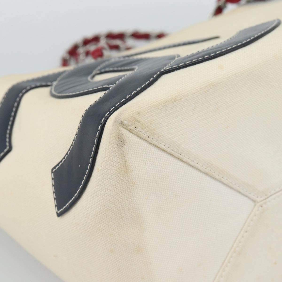 CHANEL Choco Bar Chain Shoulder Tote Bag Canvas Ivory Silver CC Auth 188799A