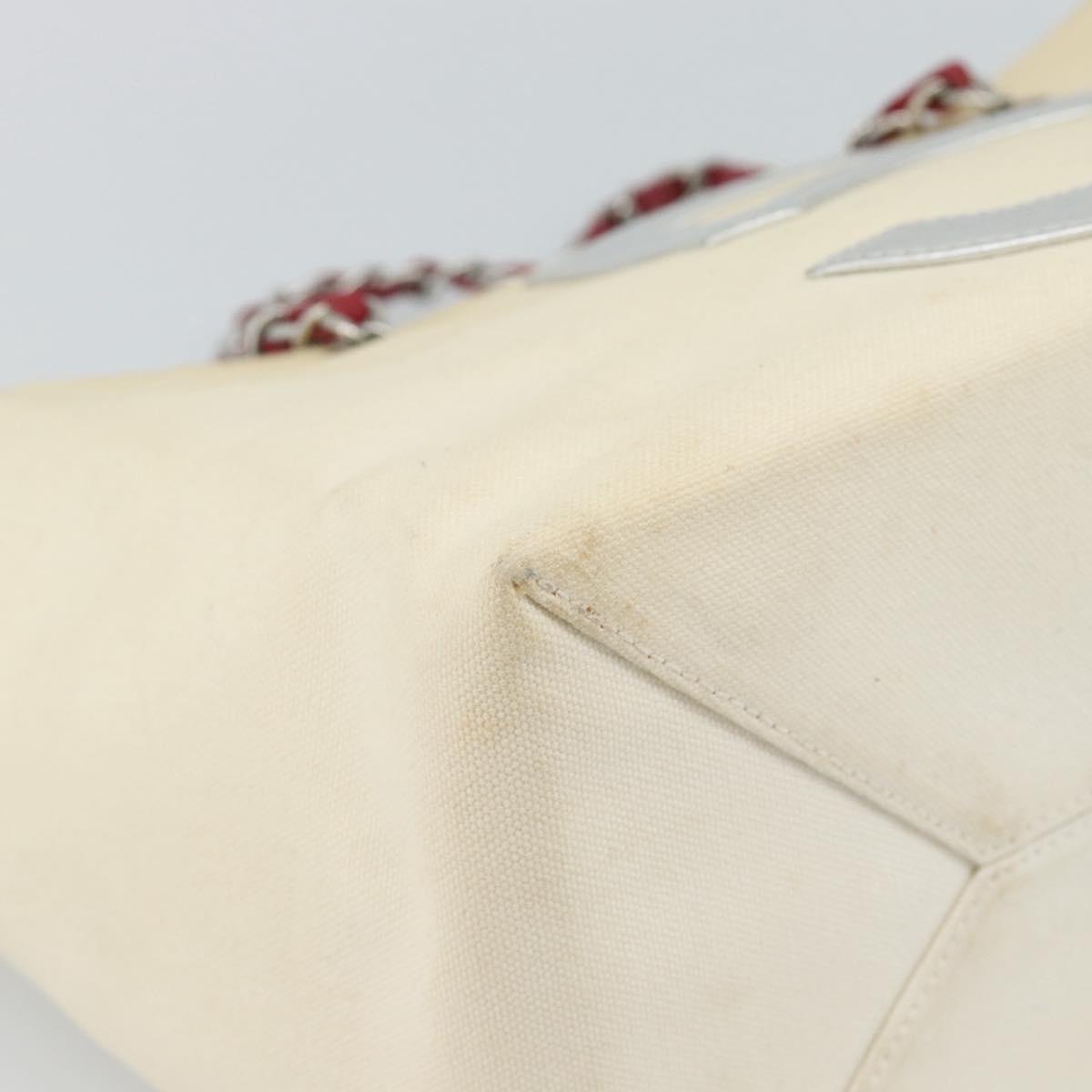 CHANEL Choco Bar Chain Shoulder Tote Bag Canvas Ivory Silver CC Auth 188799A