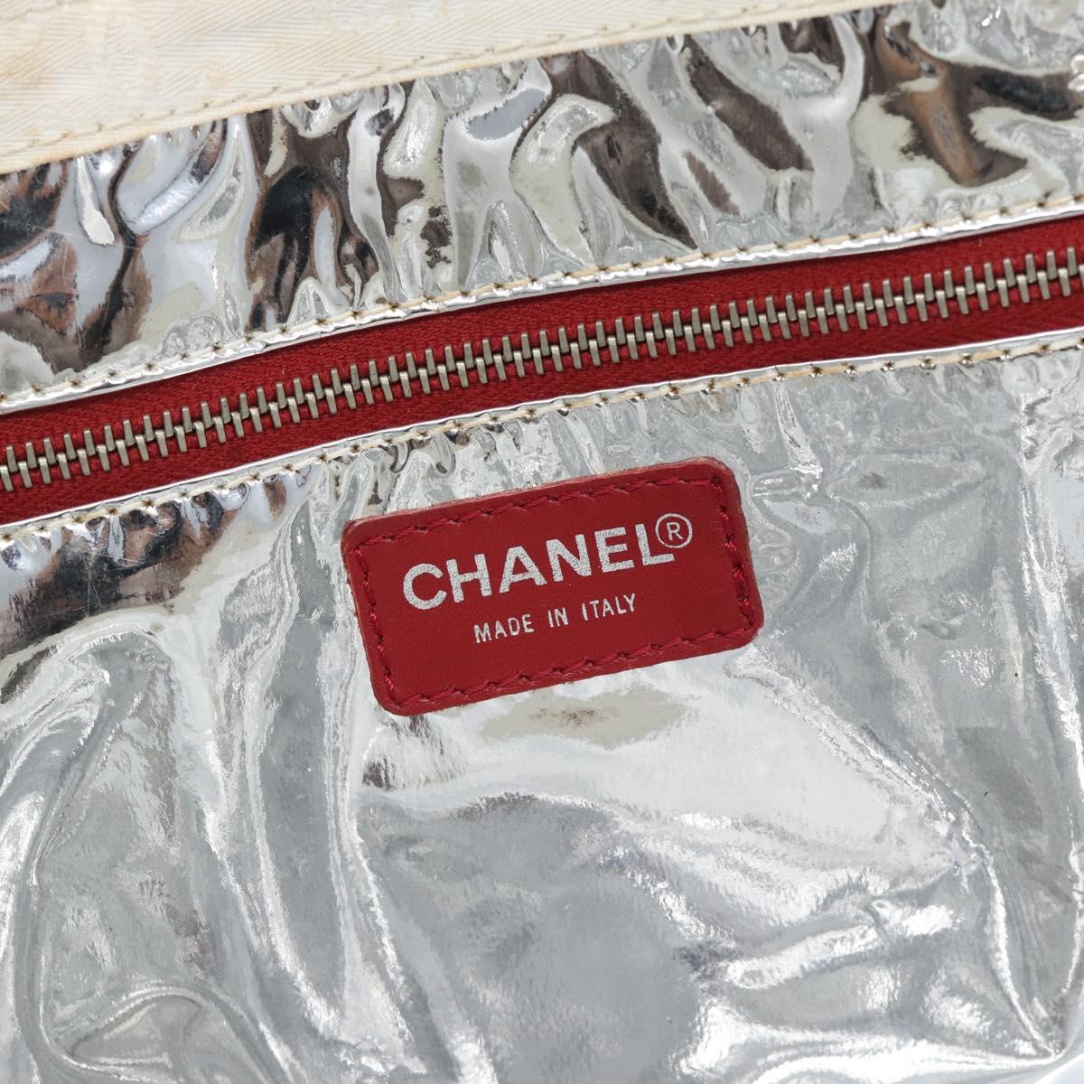 CHANEL Choco Bar Chain Shoulder Tote Bag Canvas Ivory Silver CC Auth 188799A