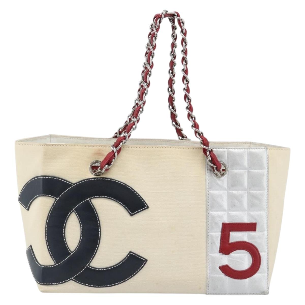 CHANEL Choco Bar Chain Shoulder Tote Bag Canvas Ivory Silver CC Auth 188799A
