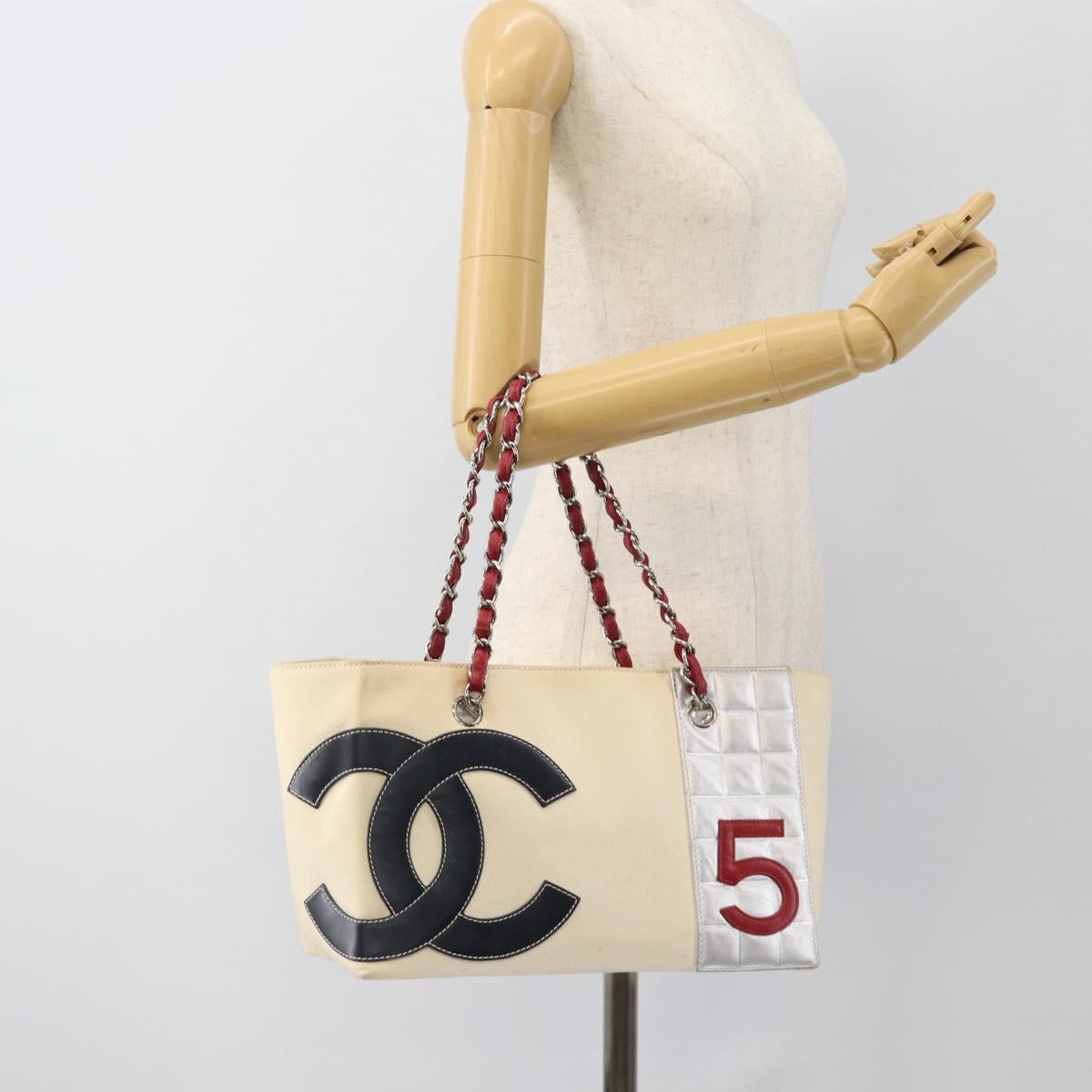 CHANEL Choco Bar Chain Shoulder Tote Bag Canvas Ivory Silver CC Auth 188799A