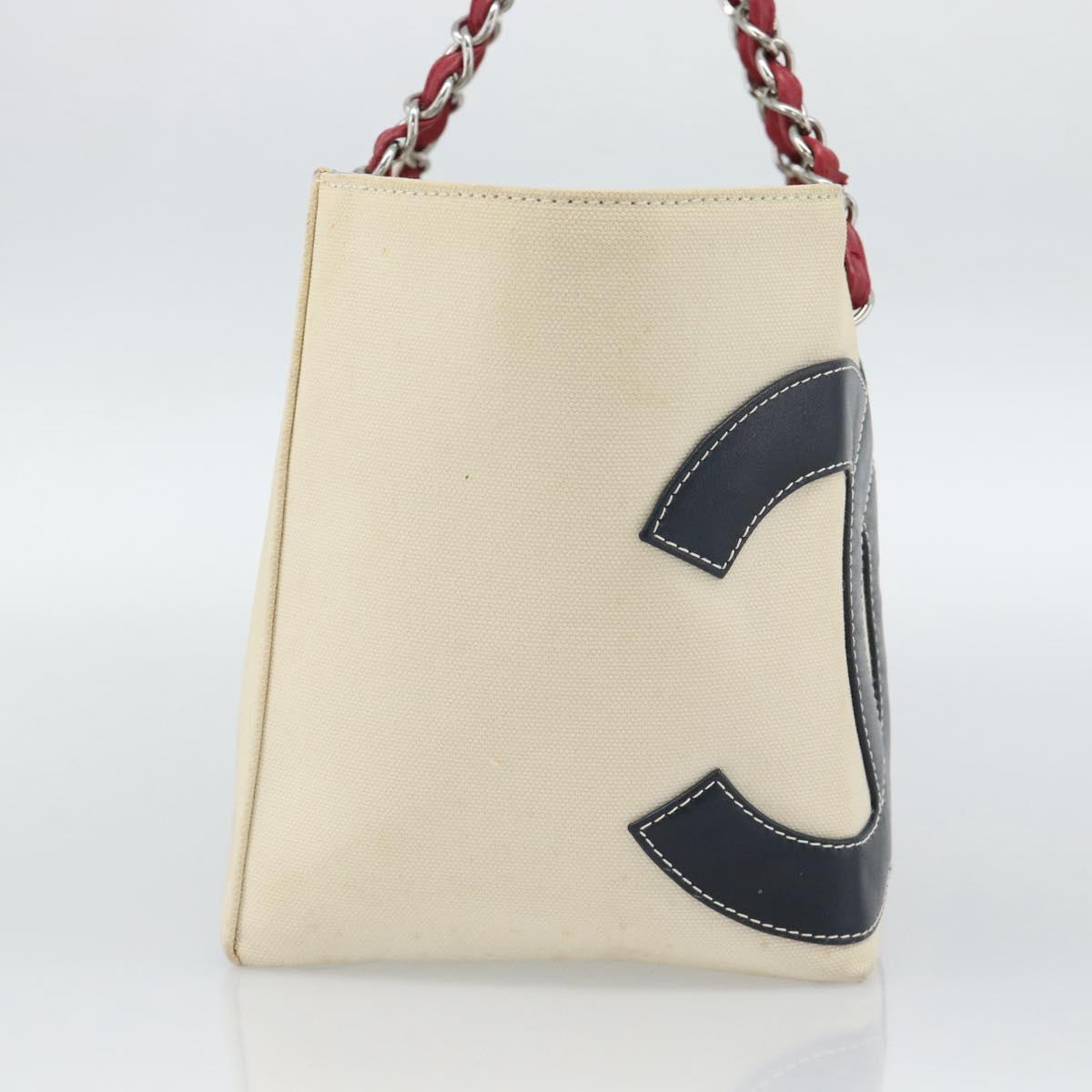 CHANEL Choco Bar Chain Shoulder Tote Bag Canvas Ivory Silver CC Auth 188799A