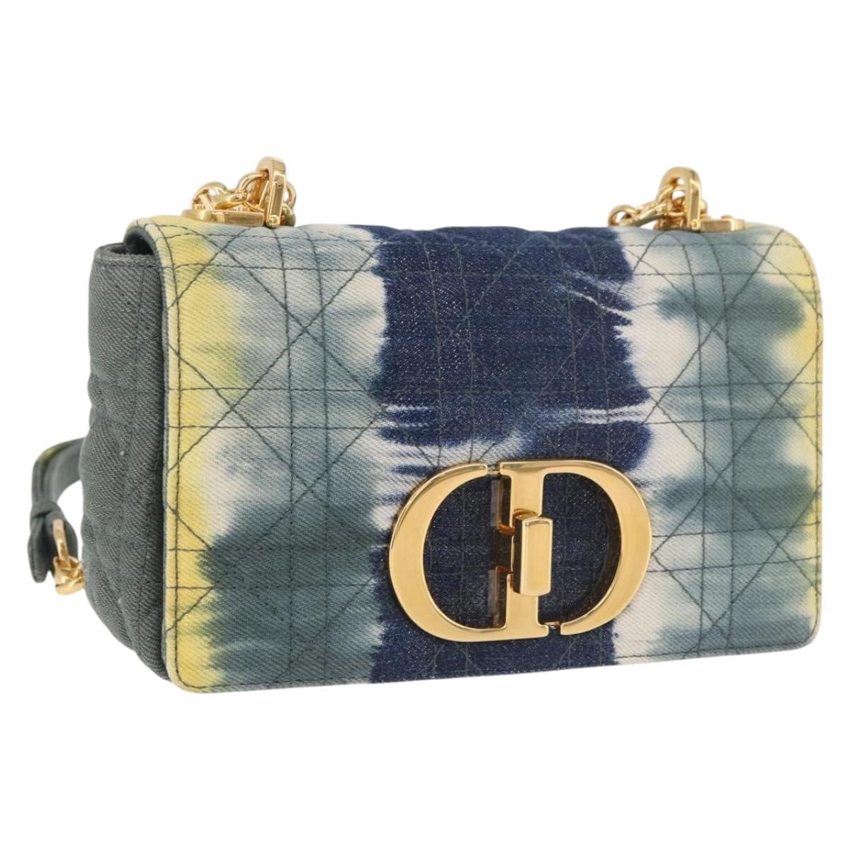 Christian Dior Cannage Miss Caro Chain Bag Canvas Navy Gold Auth 188825SAM