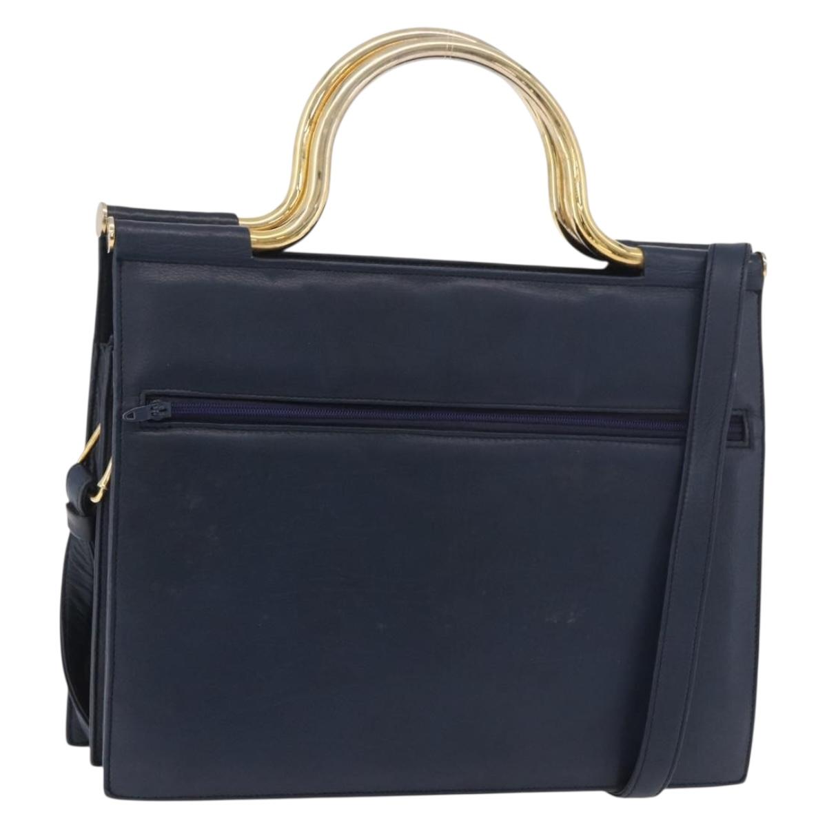 Christian Dior Hand Bag Leather 2way Navy Gold Auth 188827