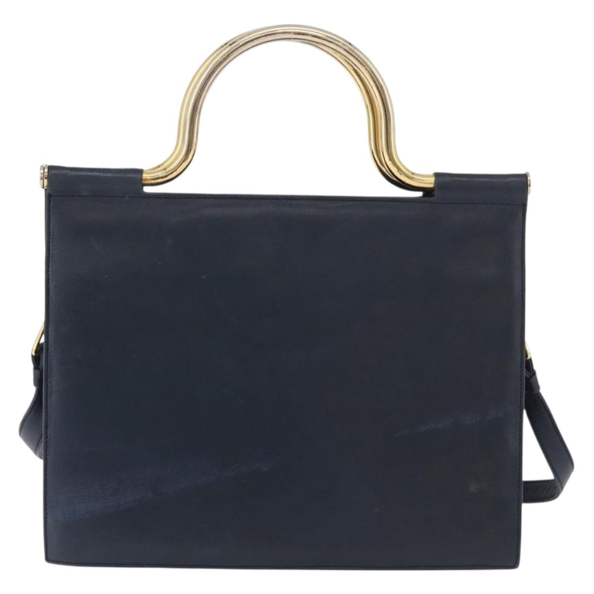 Christian Dior Hand Bag Leather 2way Navy Gold Auth 188827
