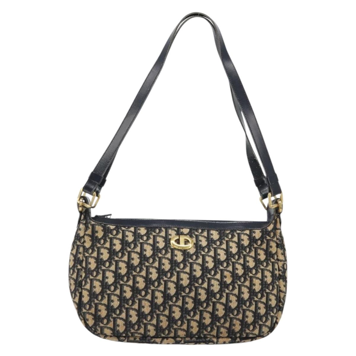 Christian Dior Trotter Canvas Shoulder Bag Navy Gold Auth 188833