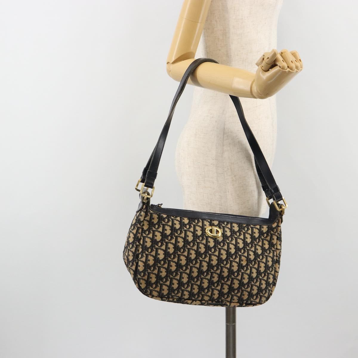 Christian Dior Trotter Canvas Shoulder Bag Navy Gold Auth 188833