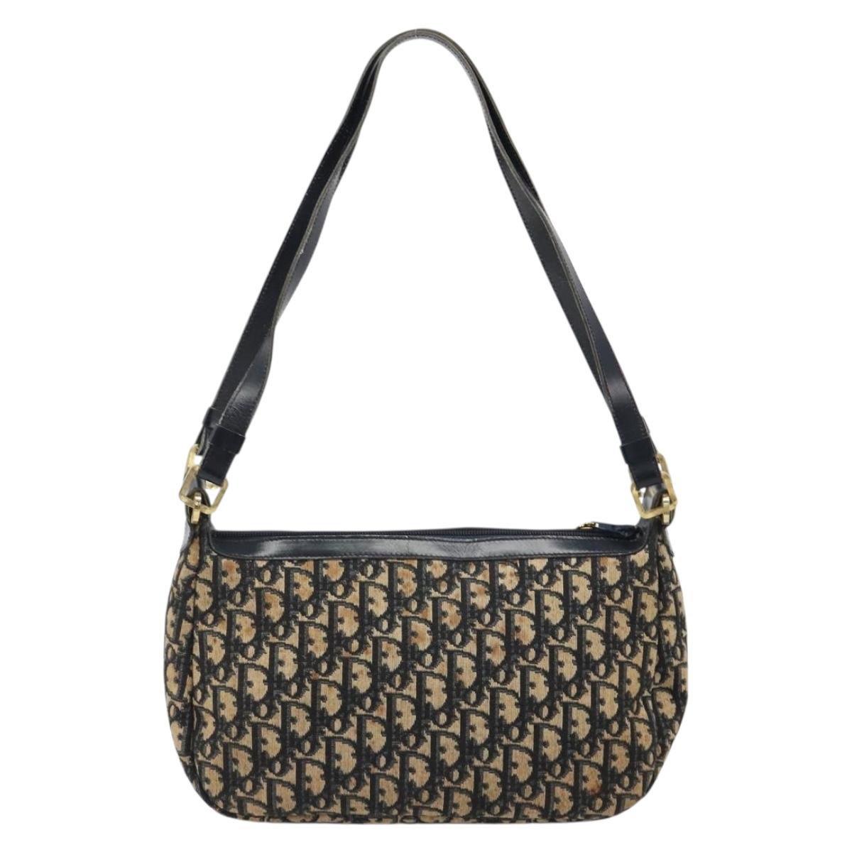 Christian Dior Trotter Canvas Shoulder Bag Navy Gold Auth 188833