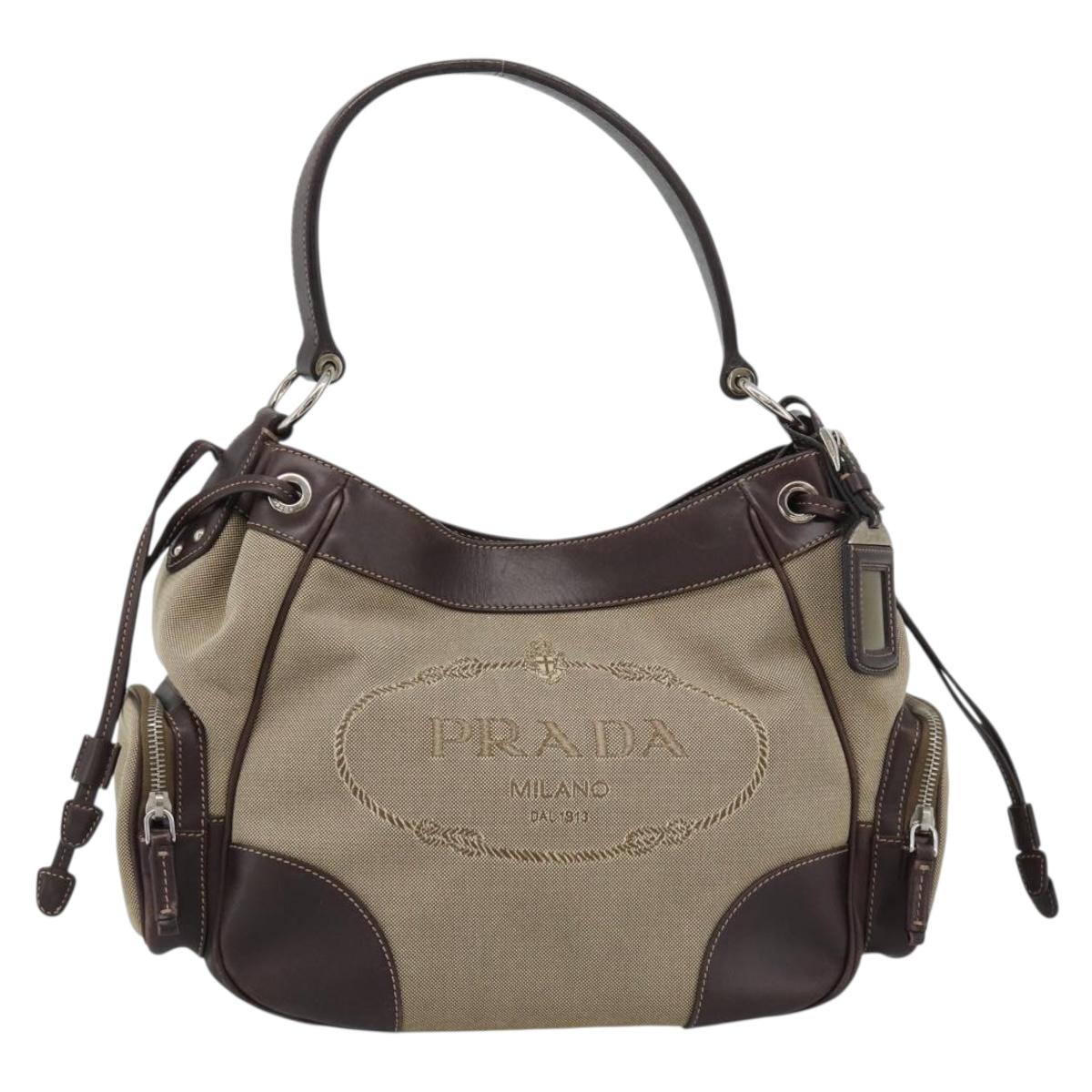 PRADA Jacquard Shoulder Bag Canvas Beige Gold Auth 188837SAM