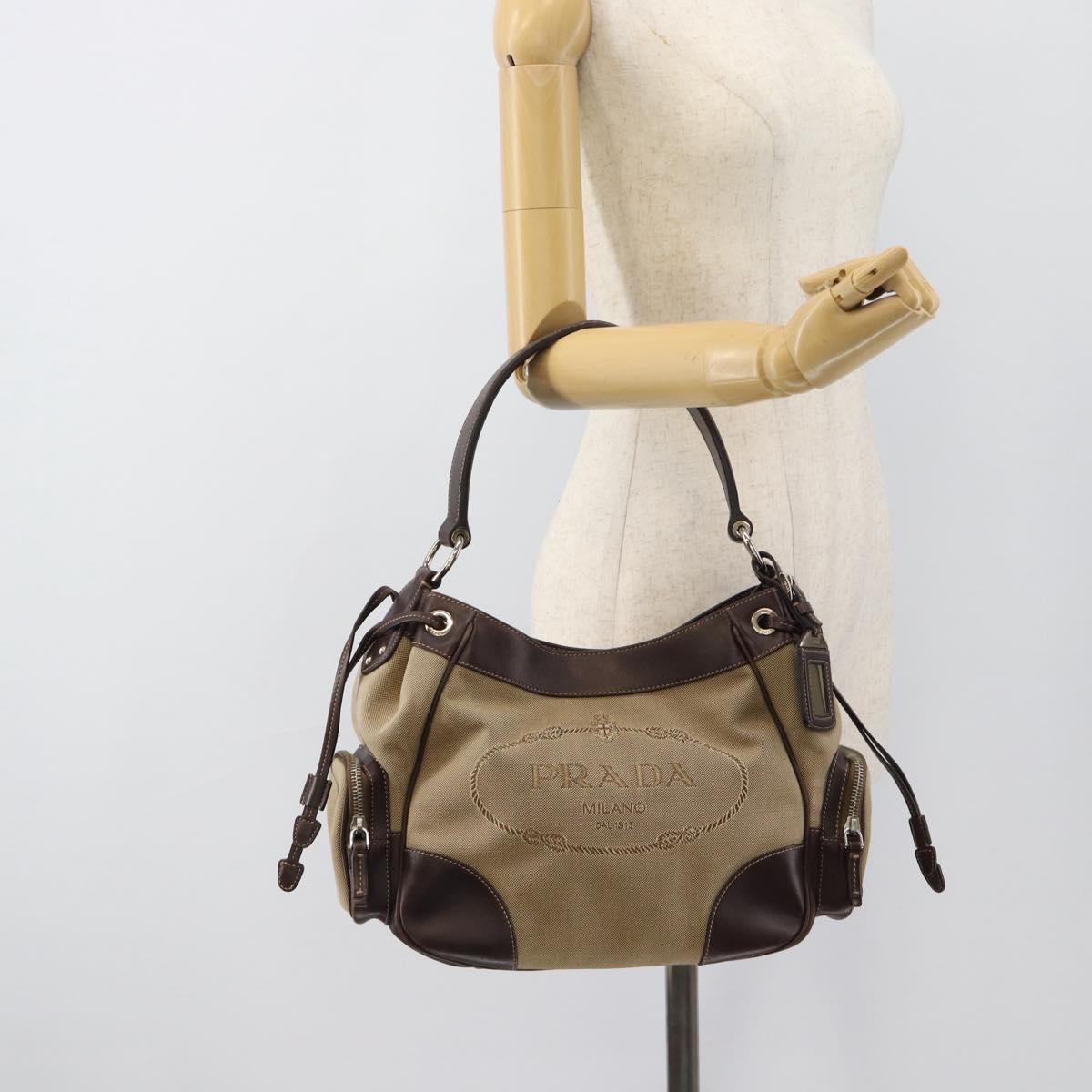 PRADA Jacquard Shoulder Bag Canvas Beige Gold Auth 188837SAM