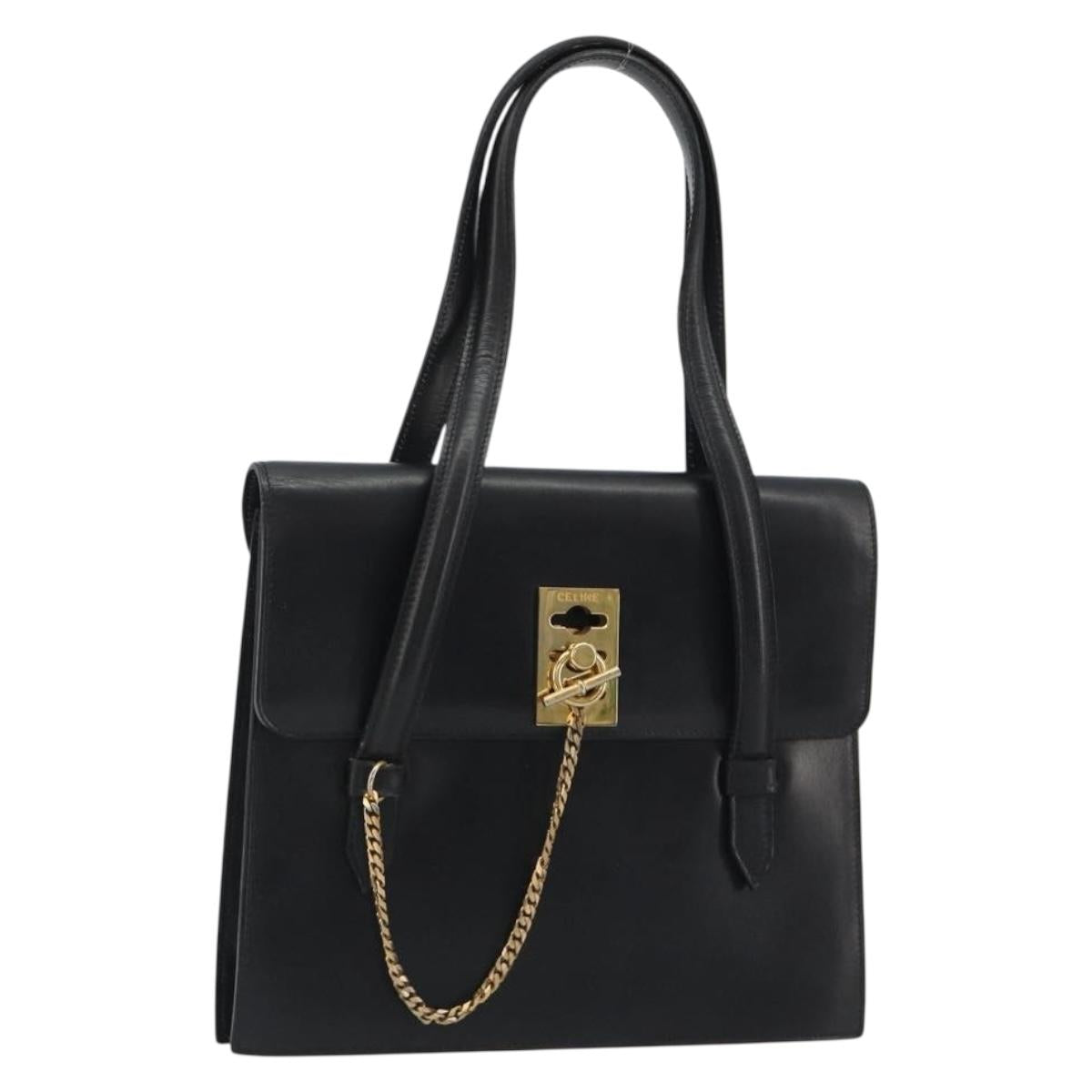 CELINE Hand Bag Leather Black Gold Auth 188840V